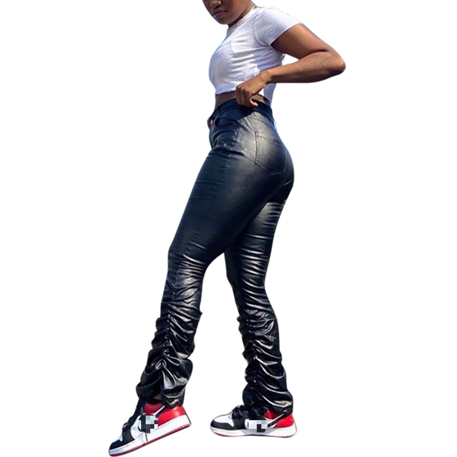 Sexy High Waisted Faux Leather Leggings for Women - Stretchy PU Leather Pants with Thigh Split Design | Perfect for Night Out, Club Wear & Fashion Street Style