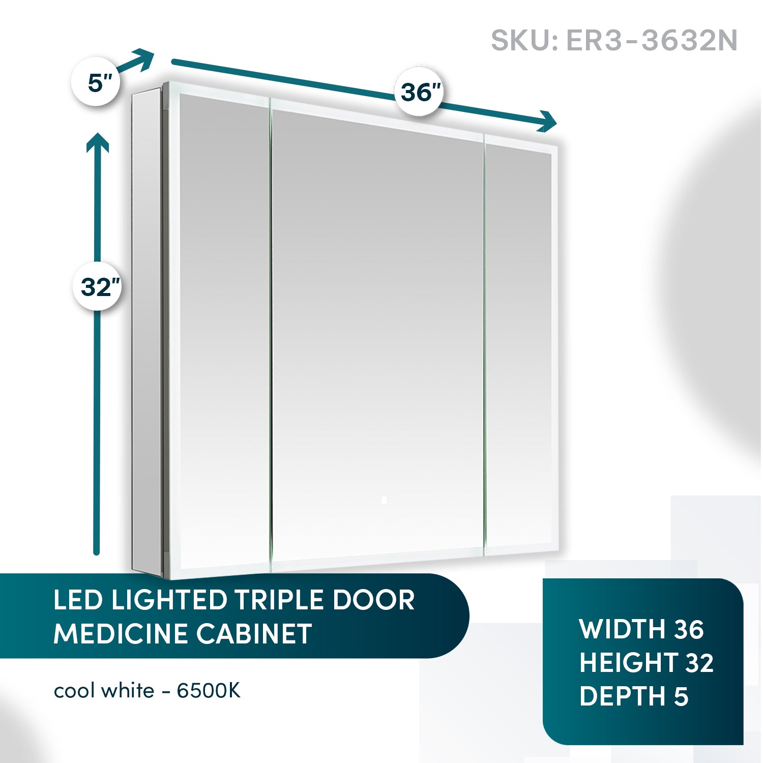 Aquadom Edge Royale 36x32 Inch LED Lighted Triple Door Bathroom Medicine Cabinet - Perfect for Modern Homes & Spa-Like Bathrooms