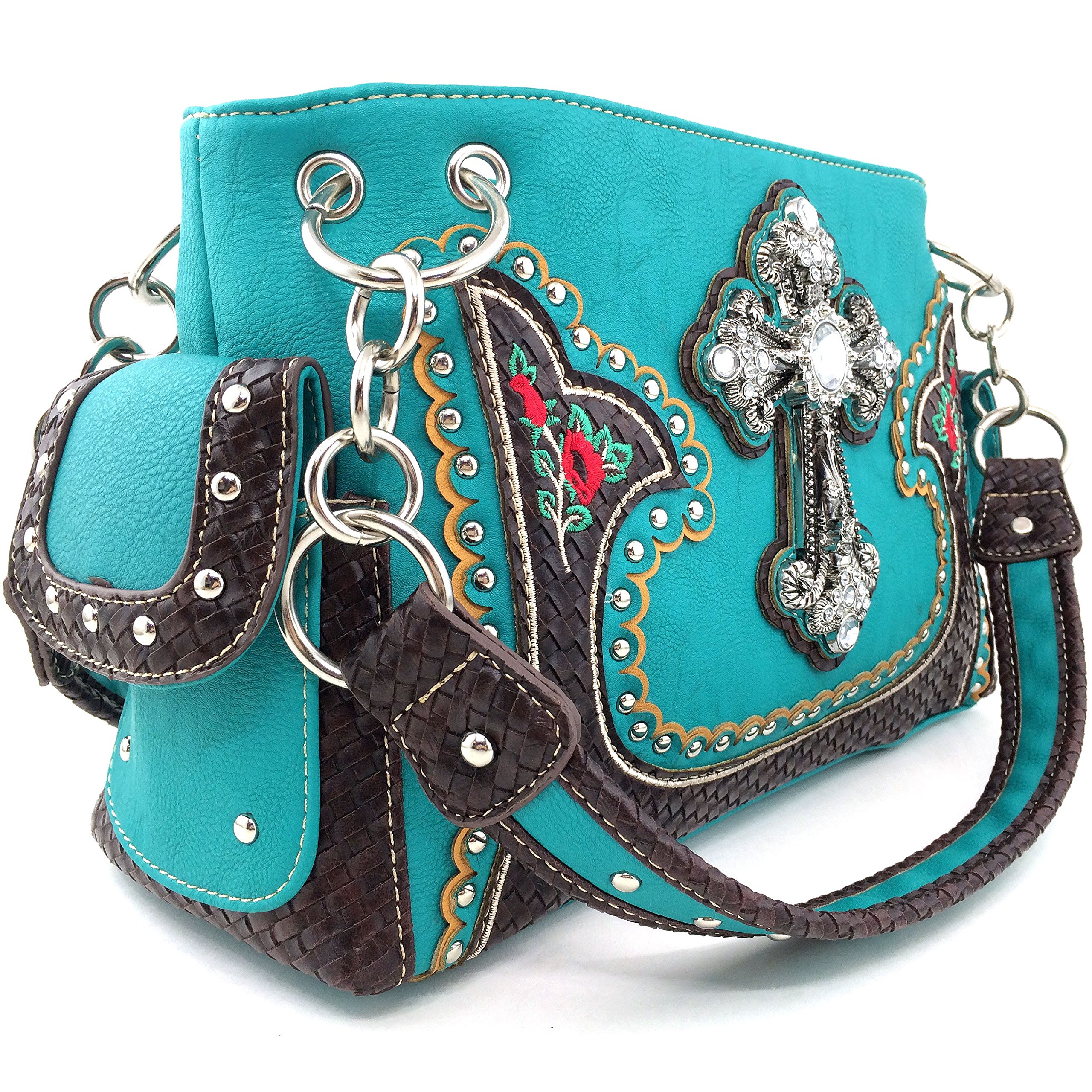 Justin West Turquoise Cross Flowers Leather Woven Concealed Carry Handbag Purse - Stylish & Secure for Everyday Use, Travel, and Special Occasions