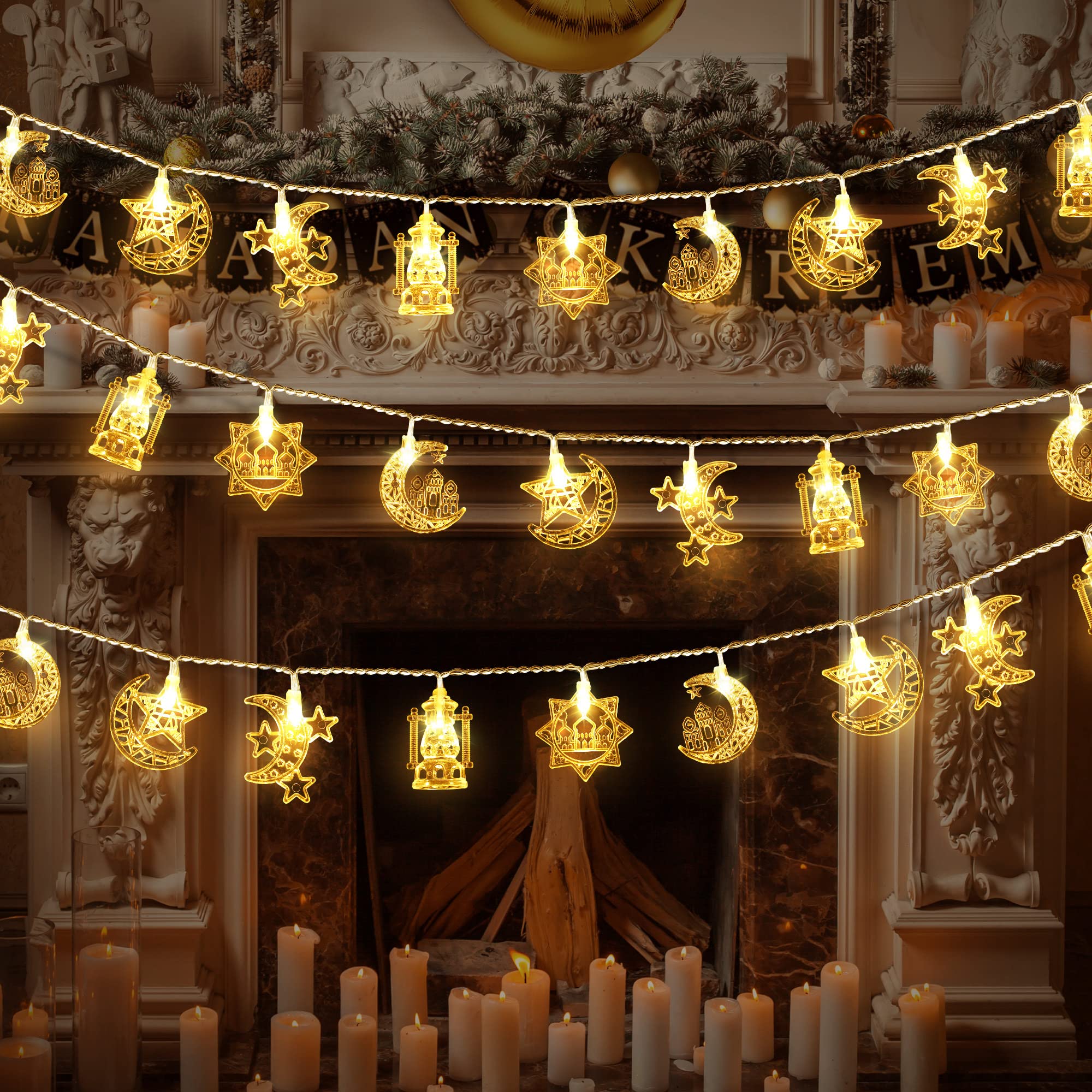 Hiboom 2 Pack 16 ft Moon Star Ramadan String Lights - 30 LED Battery Operated Fairy Lights with Remote Control for Ramadan & Eid Decorations (Warm White) - Perfect for Indoor/Outdoor Home, Garden, Party, and Festival Decor