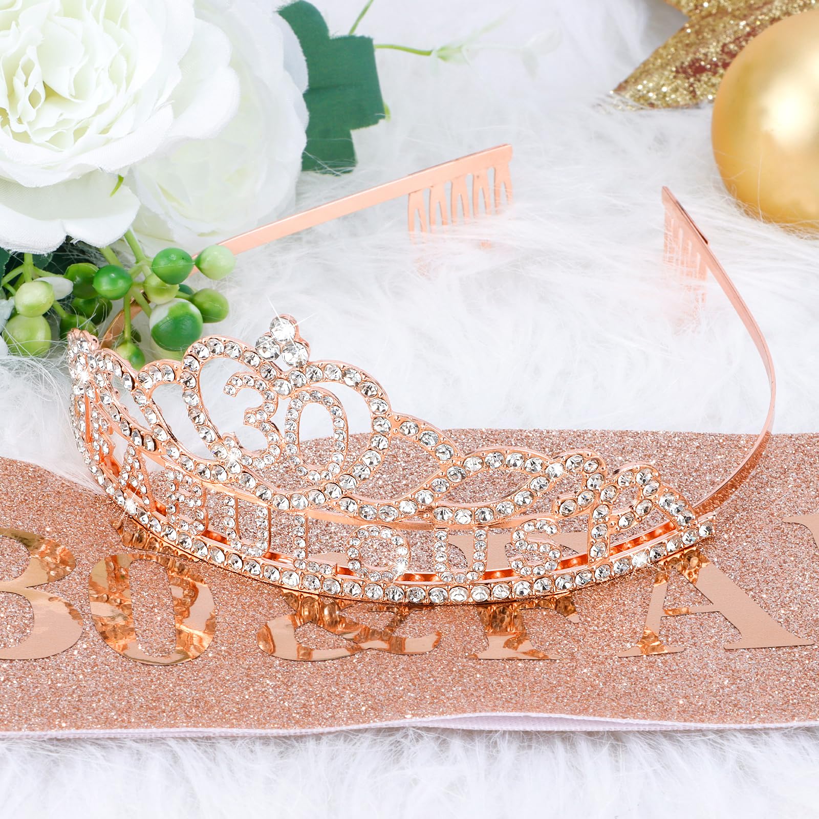 Rose Gold 30th Birthday Crown & Sash Set for Women - Elegant 30th Birthday Party Decorations, Dress Outfit & Gifts for Her - Perfect for Birthday Celebrations, Photo Shoots & Special Occasions