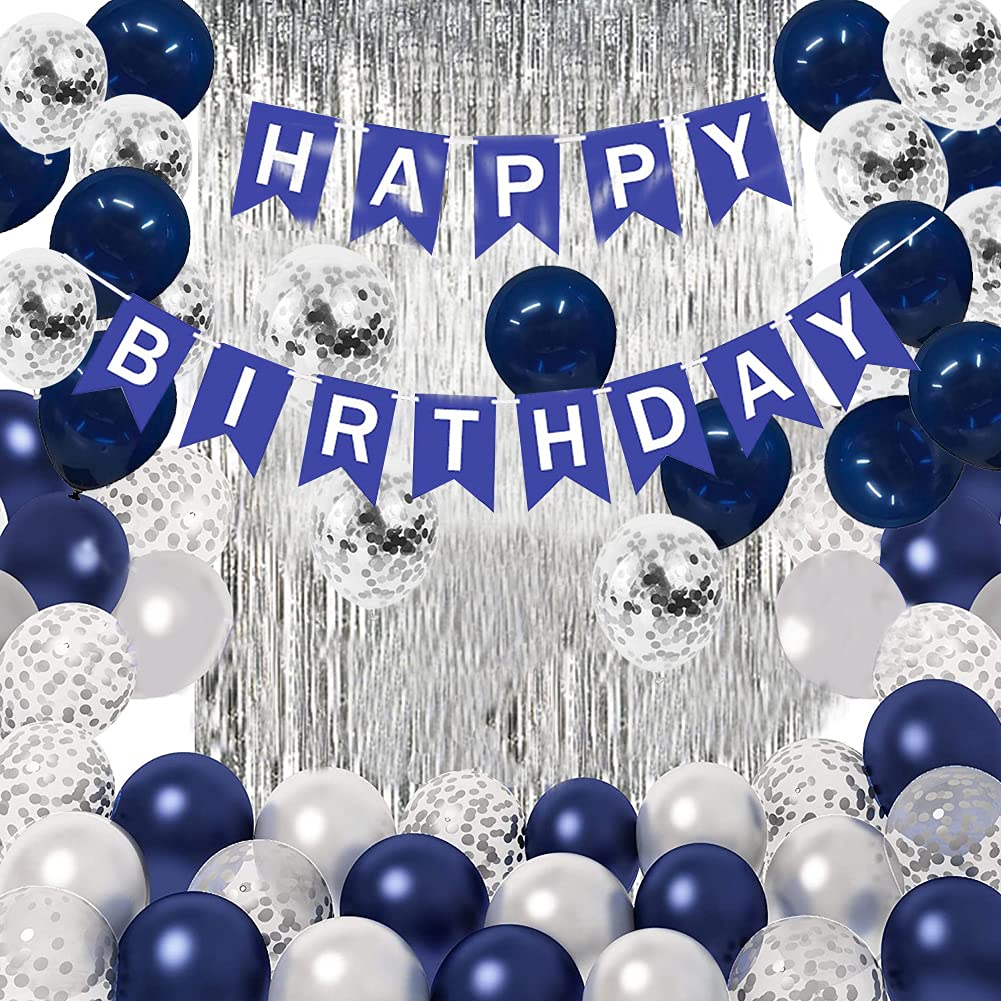 Blue Birthday Party Decorations Set - Happy Birthday Banner, Blue & Silver Confetti Balloons, 2 Foil Fringe Curtains - Complete Birthday Supplies for Men, Women, Boys & Girls - Perfect for Indoor/Outdoor Birthday Celebrations, Baby Showers & Anniversary Parties