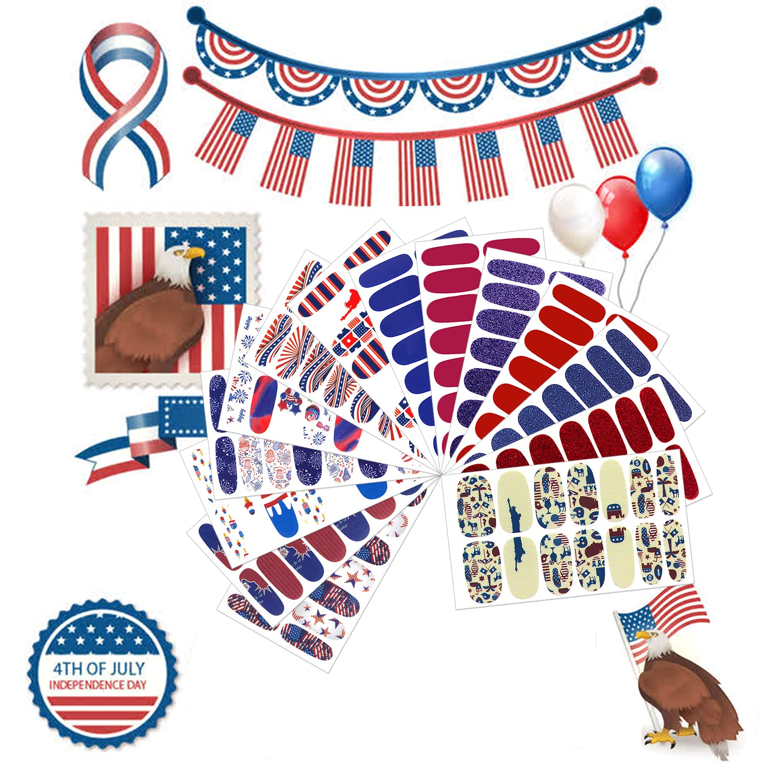 JERCLITY 14 Sheets 4th of July Nail Wraps - Patriotic American Flag Nail Art for Independence Day & Memorial Day