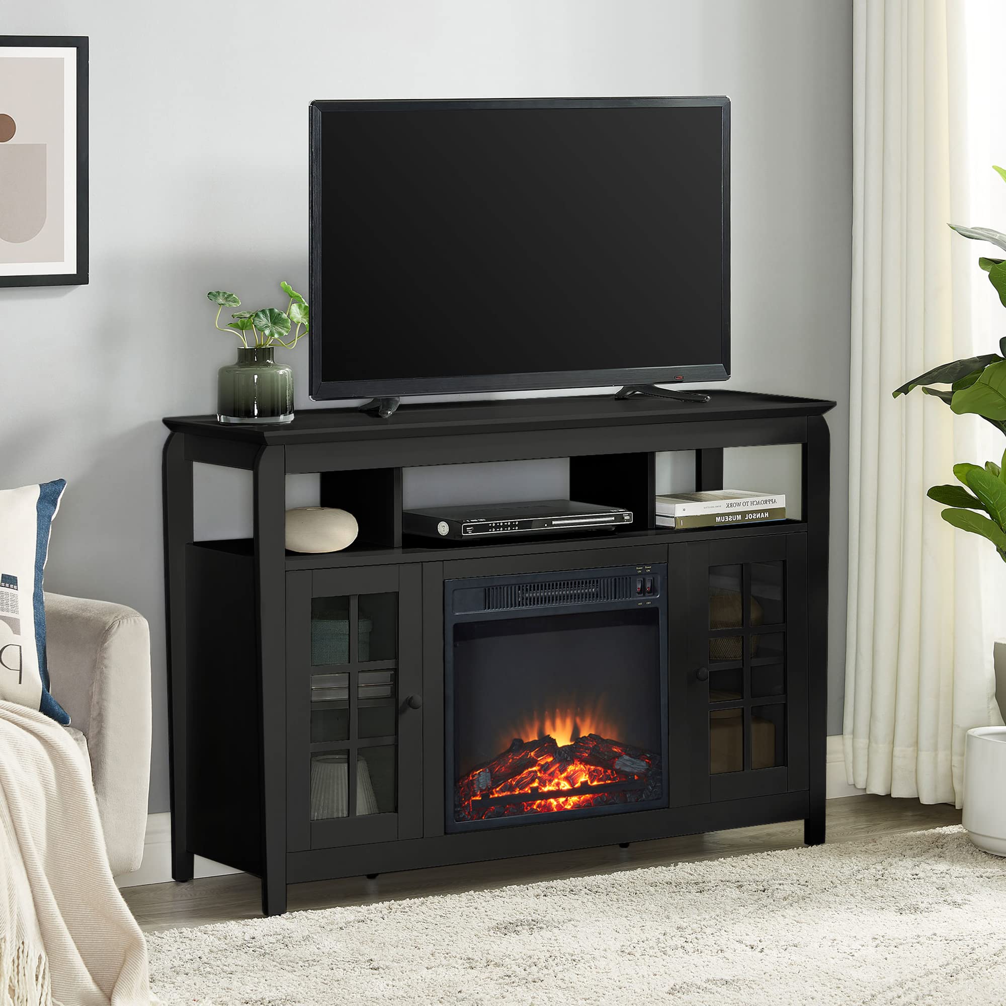 Modern Electric Fireplace TV Stand for 55 Inch TV - 1500W Heater with Tempered Glass Doors, 46 Inch Tall TV Console Table for Living Room - Black Entertainment Center for Cozy Home Decor & Winter Heating