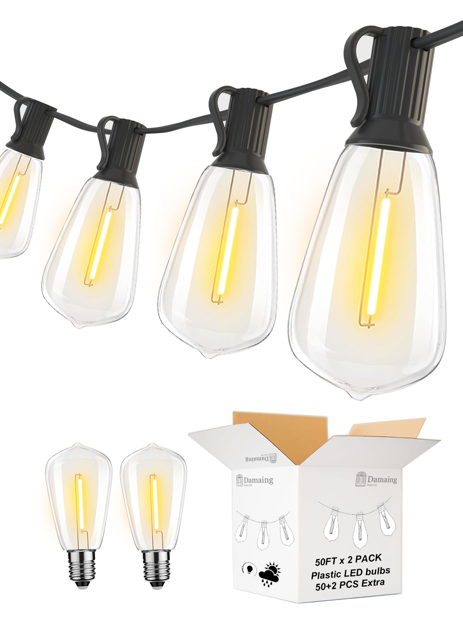 DAMAING 100FT LED Outdoor String Lights - 52 Dimmable Edison Bulbs, Waterproof Shatterproof Patio Lights for Porch, Deck, Backyard, Balcony - Perfect for Bistro, Cafe, Wedding, Party & Garden Decor (2 Pack x 50Ft)