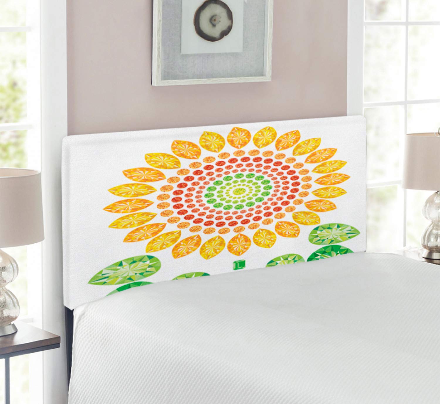 Ambesonne Sunflower Headboard - Round Flower Mandala Design with Diamond & Pearl Print | Upholstered Decorative Metal Bed Frame Headboard with Memory Foam | Twin Size in Yellow, White & Green | Perfect for Bohemian Bedroom Decor & Guest Room Accent