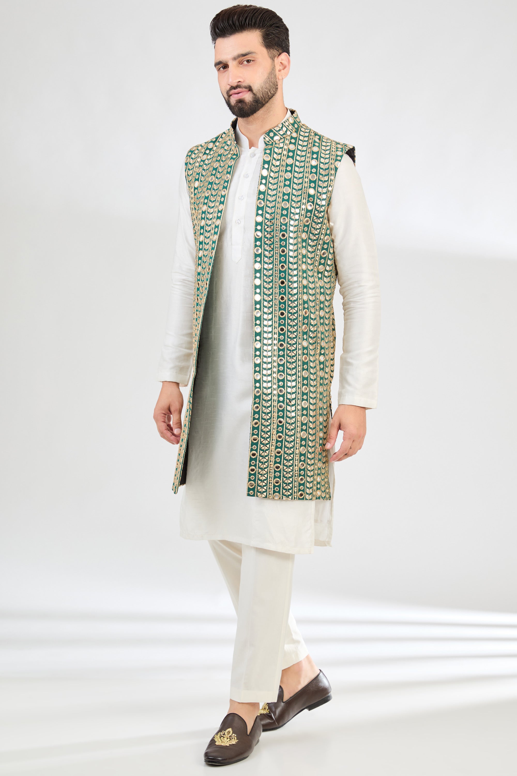 Mehndi Green Heavy Mirror Work Long Open Shrug - Elegant Embroidered Bolero for Weddings, Parties & Festive Occasions