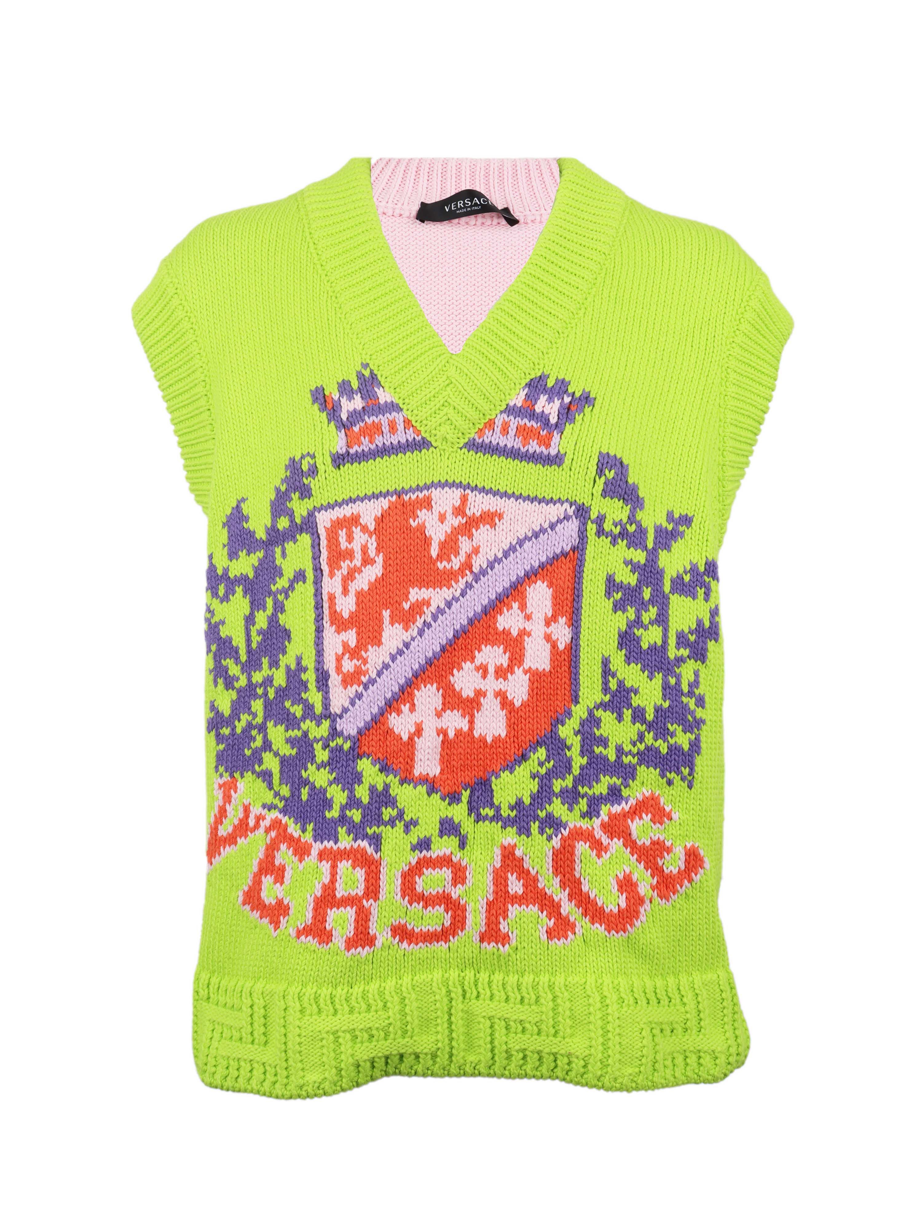Versace Green & Pink Knit Vest for Women - Luxury Designer Sweater Vest - Fashionable Knitwear for Fall & Winter - Perfect for Office, Party & Casual Outfits