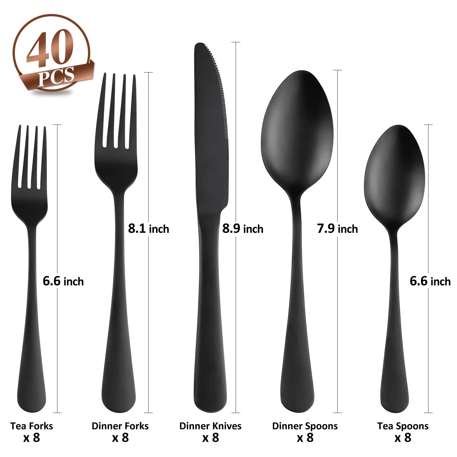 Premium 40-Piece Matte Black Flatware Set for 8 - SANLUNS Stainless Steel Silverware Set with Satin Finish - Dishwasher Safe Cutlery Set Includes Dinner Knives, Forks & Spoons - Elegant Tableware for Restaurants, Weddings & Fine Dining at Home