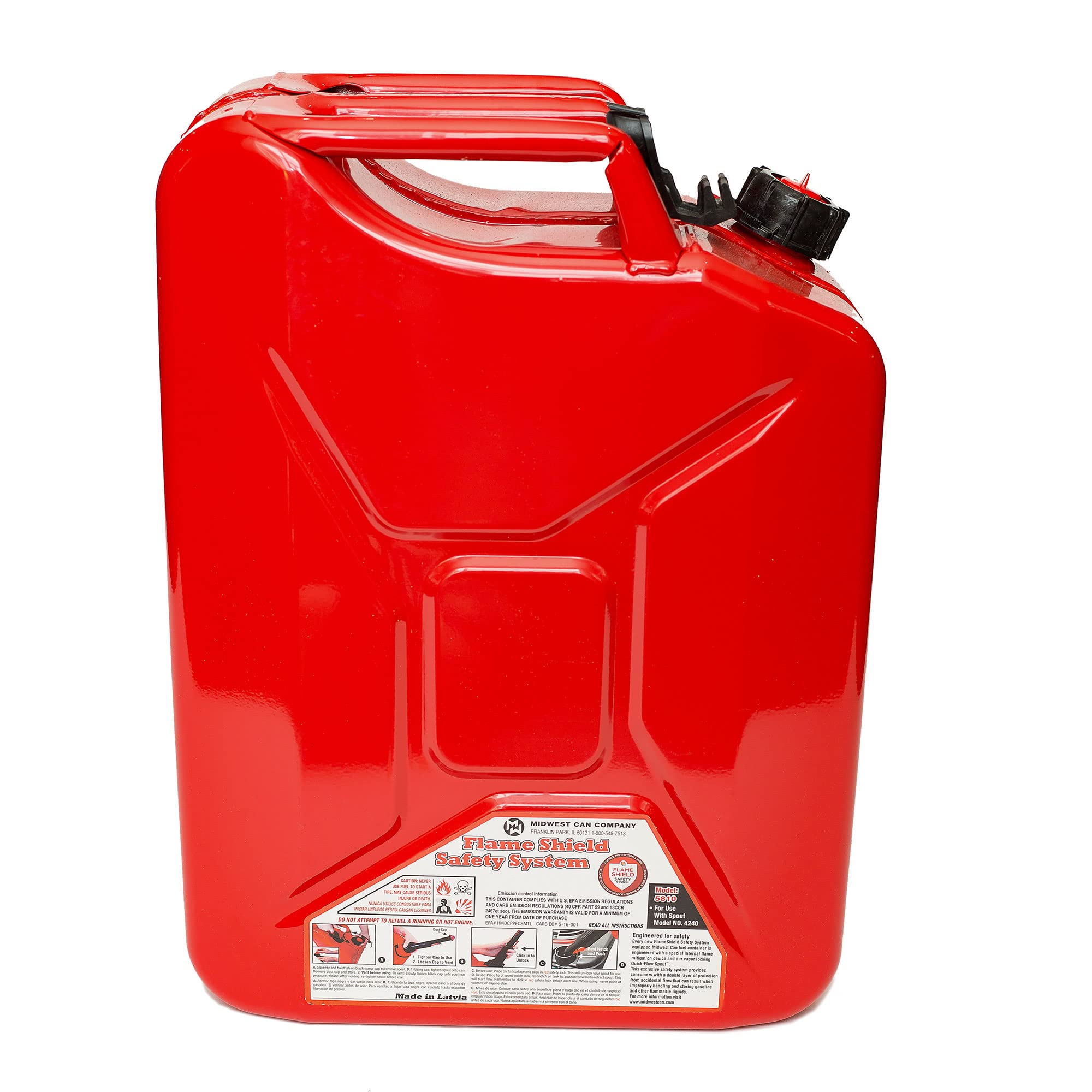 Midwest Can 5810 5-Gallon Auto Shut Off Metal Jerry Can - Durable Fuel Container with FlameShield Safety System & Quick-Flow Spout (4-Pack) - Perfect for Emergency Preparedness, Camping, and Outdoor Equipment Storage