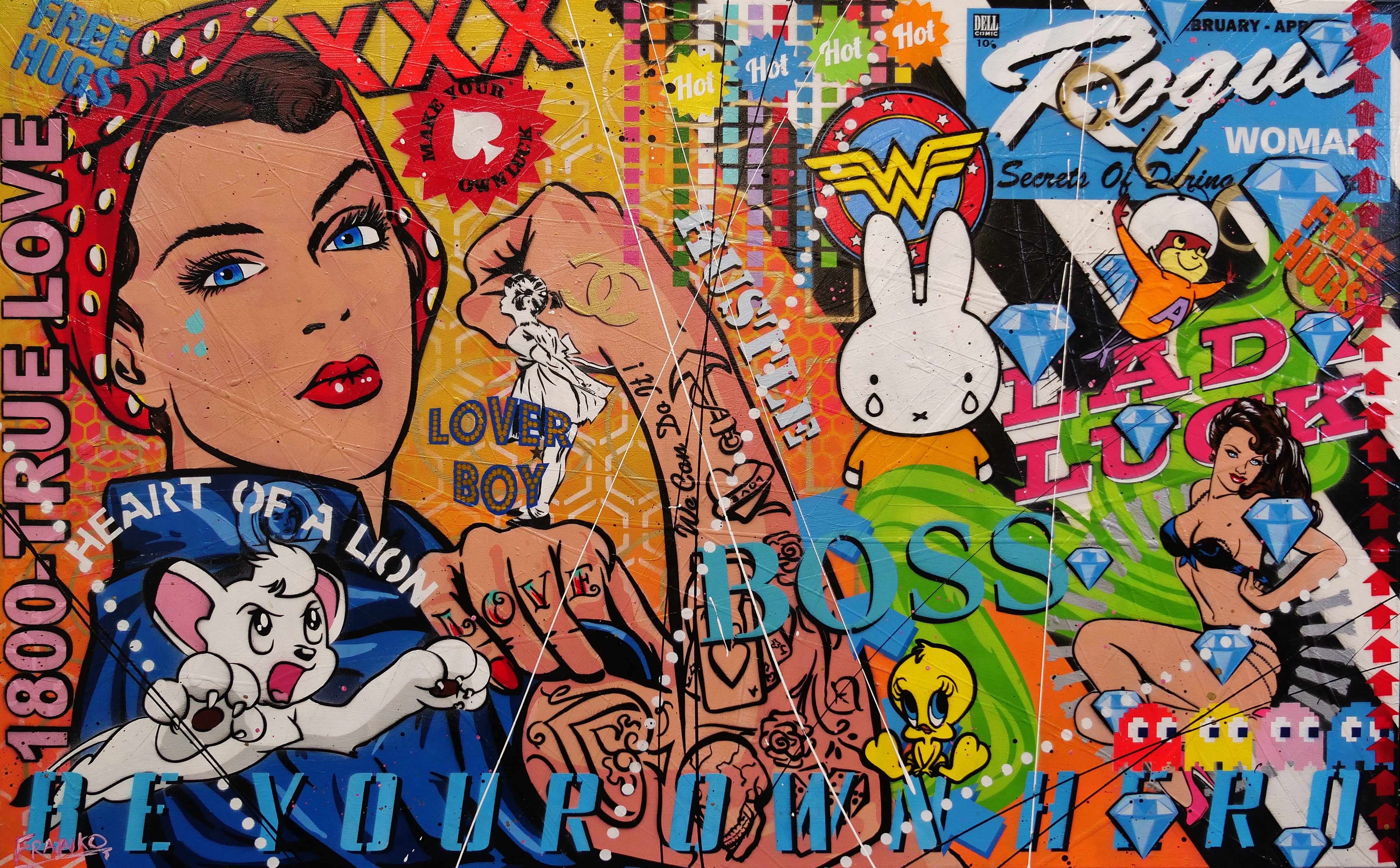 Diamond Rosie 160cm x 100cm Textured Urban Pop Art Canvas Painting - Rosie The Riveter Inspired Wall Decor for Living Room, Bedroom & Office