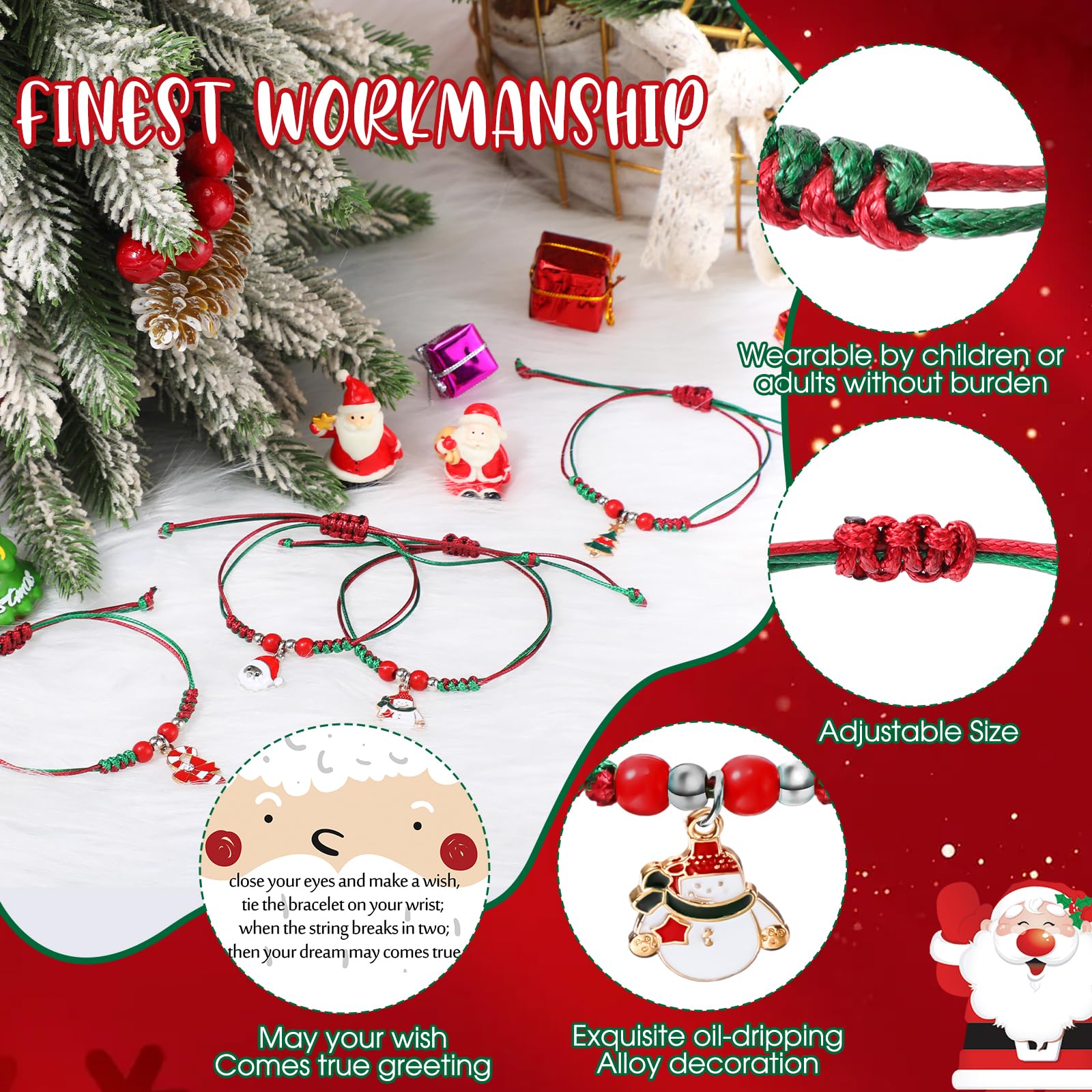 48 Pcs Christmas Bracelet Bulk Pack - Adjustable Xmas Tree, Santa, Snowman & Candy Cane Holiday Bracelets with Merry Christmas Wish Cards - Perfect for Students, Classroom Gifts, Holiday Parties & Christmas Favors (Great for School Supplies, Office Celebrations & Festive Gift Exchanges)