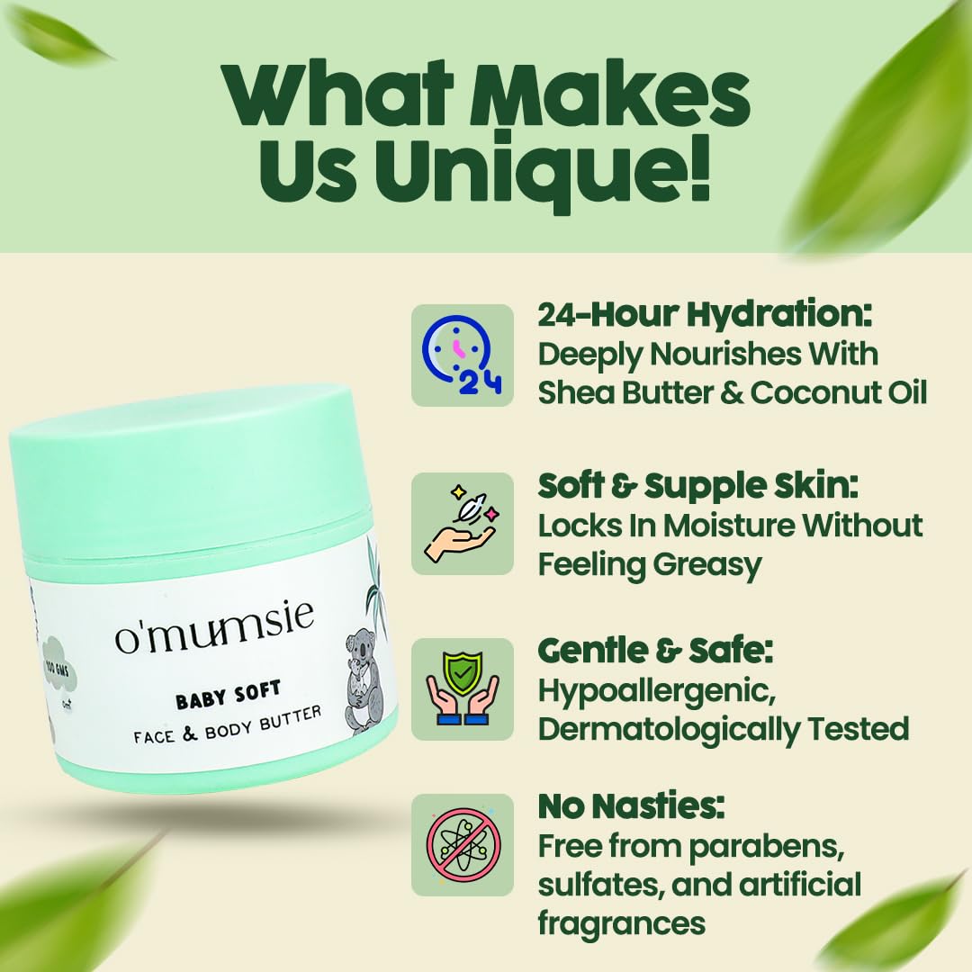 O'mumsie Baby Body Butter Moisturizing Lotion for Eczema Relief - Oatmeal & Cocoa Butter Enriched Cream for Dry, Sensitive Skin - 100g | Gentle Daily Moisturizer for Newborns & Toddlers with Itchy Skin