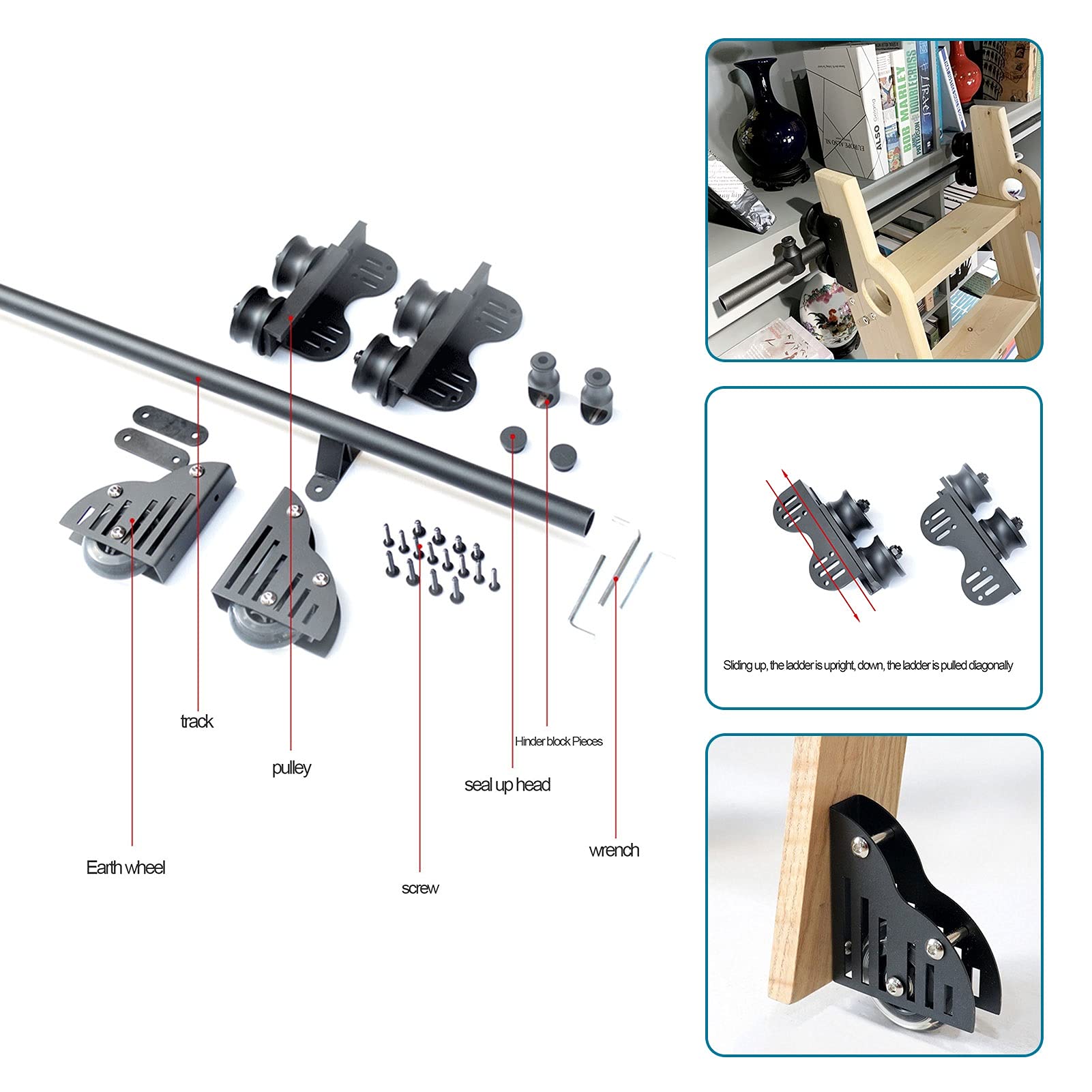 Sliding Rolling Ladder Hardware Kit - No Ladder Included - Perfect for DIY Library, Loft, and Bookshelf Ladder Projects