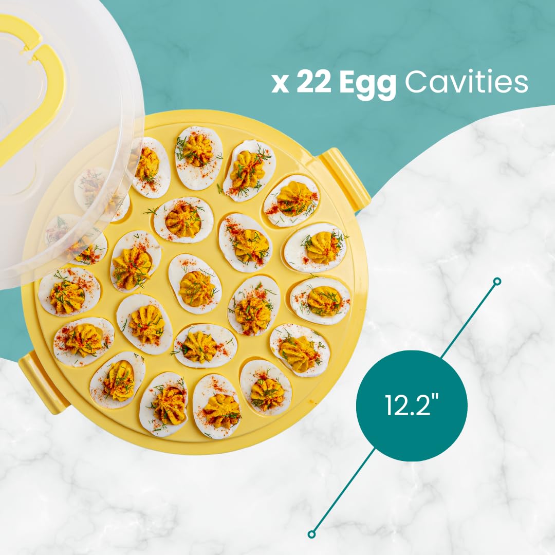 Premium Deviled Egg Carrier with Lid & Handles - Elegant 22-Egg Tray Platter for Holiday Parties, Picnics & Potlucks - Portable & Dishwasher Safe Deviled Egg Container - Perfect for Easter, Thanksgiving & Family Gatherings - Yellow