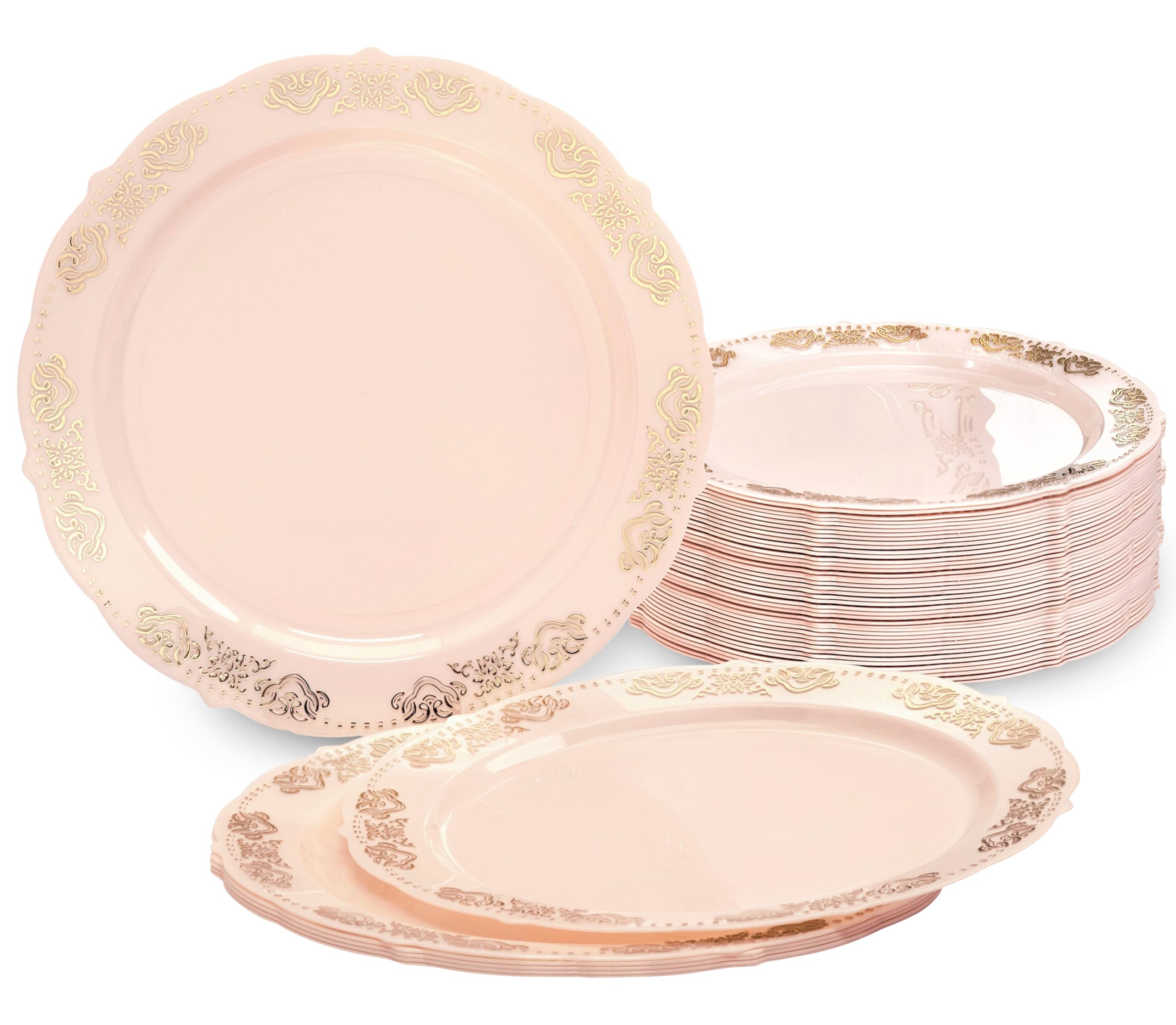 60 Pack Vintage Disposable Plastic Plates - 10.25 Inch Dinner Plates in Light Pink & Gold for Wedding, Party & Special Occasions | Elegant Portofino Design for Bridal Showers, Baby Showers & Anniversary Celebrations