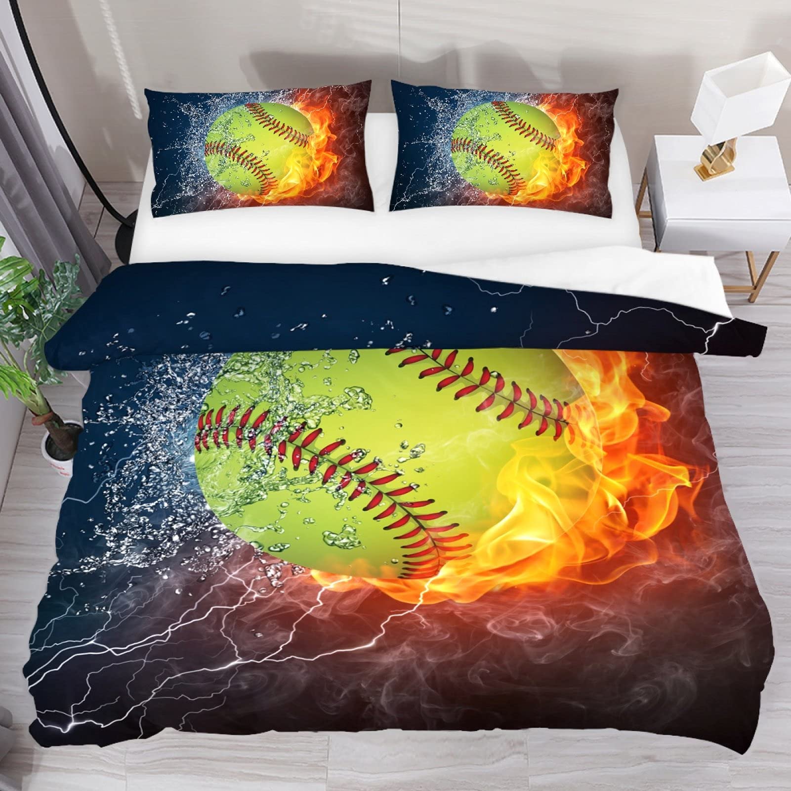 Josid Fire and Ice Softball Duvet Cover Set - 3 Piece Twin Size Bedding with Zipper Closure, Includes 1 Duvet Cover & 2 Pillow Shams | Soft & Comfortable Kids Bedspread for Boys & Girls | Perfect for Bedroom Decor, Sleepovers & Sports Theme Rooms