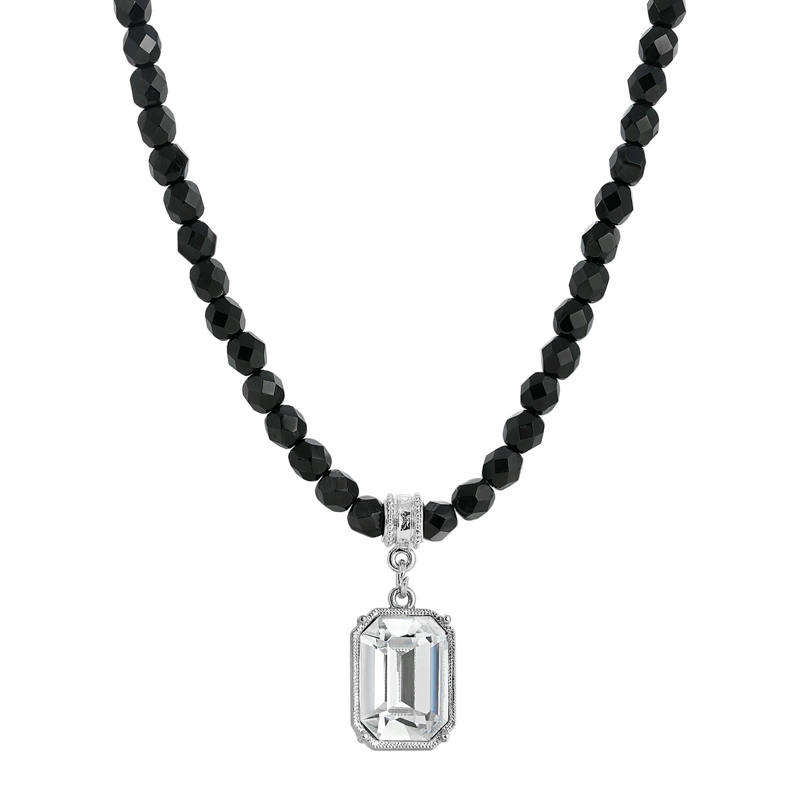 1928 Genuine Octagon Austrian Crystal Black Glass Beaded Pendant Necklace - 15