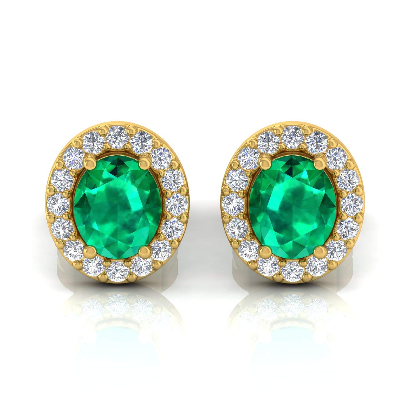 14K White Gold & Yellow Gold Oval Emerald and Diamond Stud Earrings for Women - 1.3ct Genuine Emerald & 0.3ct Natural Diamond (SI Clarity, HI Color) | Wedding, Anniversary, Birthday Gift & Everyday Elegant Jewelry