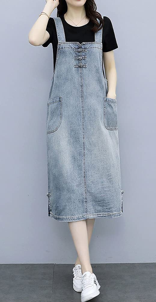 Women's Casual Frog Button A-Line Denim Overalls Dress - Stylish Midi Length Long Jean Jumpsuit for Spring & Summer Outings, Brunch Dates, and Weekend Streetwear Fashion