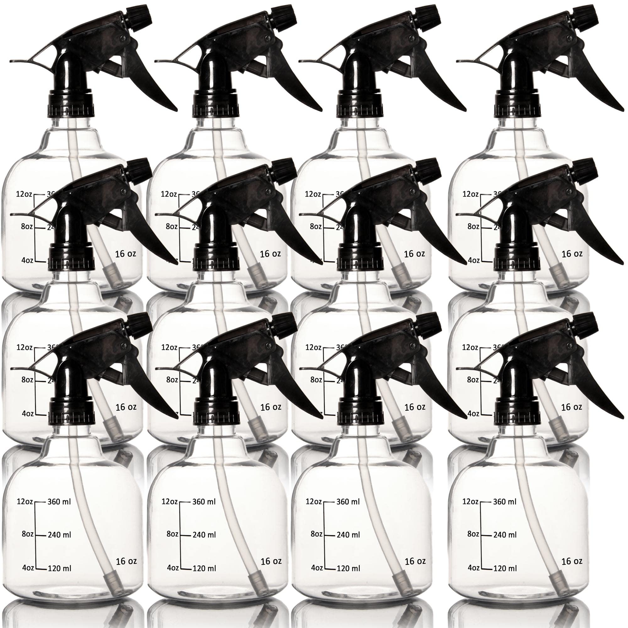 Youngever 12 Pack 16oz Empty Plastic Spray Bottles - Refillable Hair & Cleaning Solution Containers with Fine Mist Nozzle (Black) for Salon, Home Cleaning & Gardening Use
