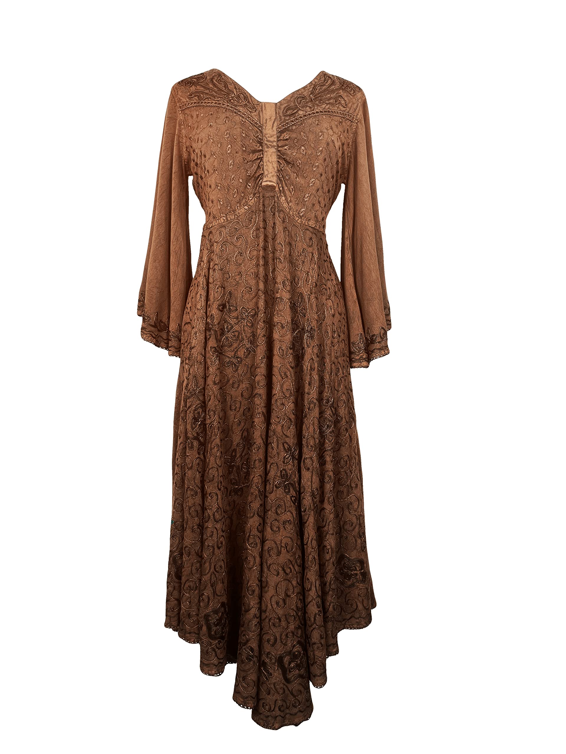 Agan Traders Women's 2025 Spring Bohemian Medieval Renaissance Embroidered Bell Sleeve Flared Calf-Length Dress Gown - Perfect for Renaissance Fairs, Themed Parties & Boho Fashion Events