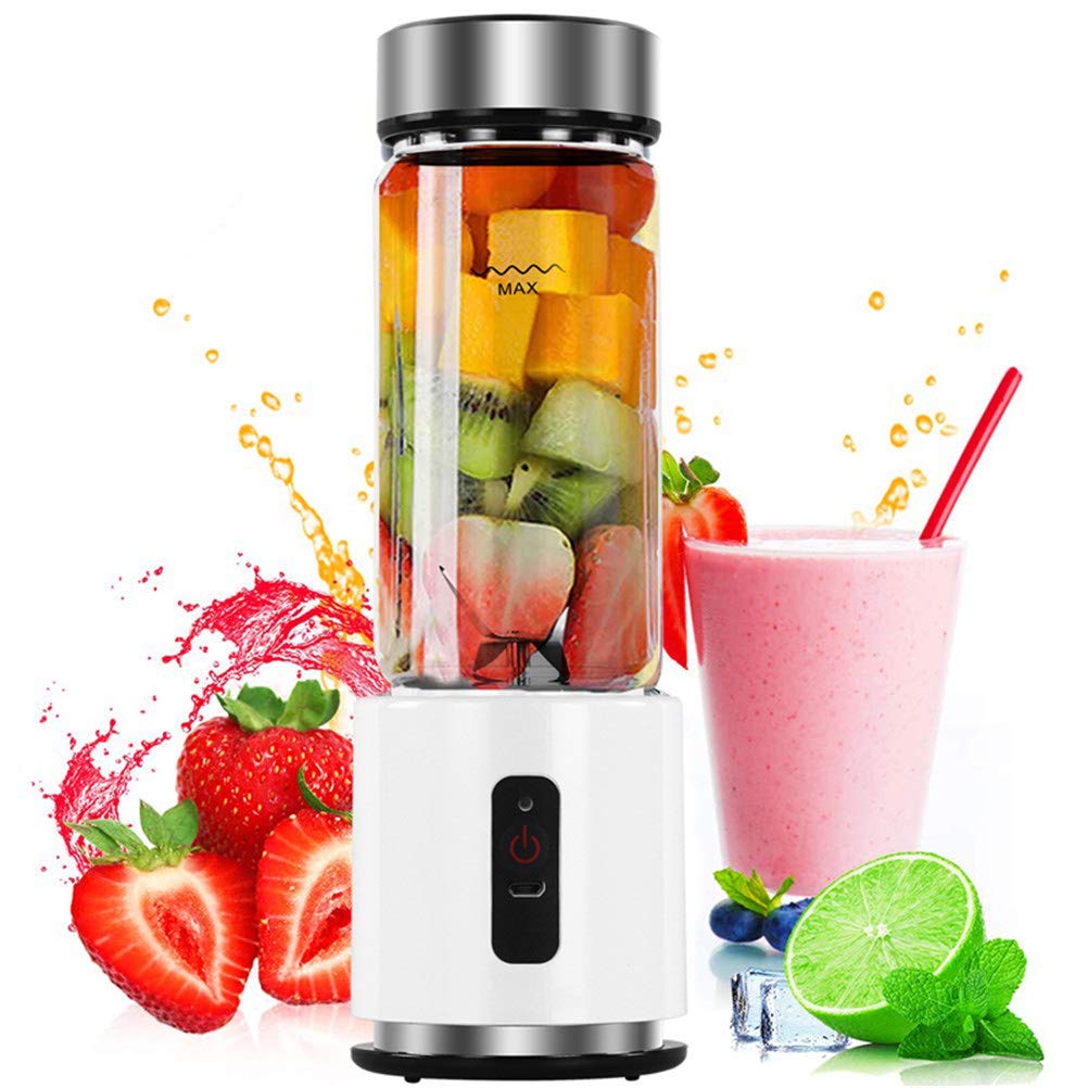 Xiaxia 4000mAh USB Rechargeable Personal Blender - 380ml Glass Smoothie Cup, Portable Travel Blender for Fruits, Vegetables & Food - Perfect for Smoothies, Juicing & Meal Prep at Home, Office or Gym (White)