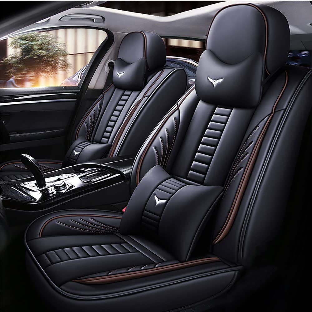 Universal Fit PU Leather Car Seat Covers Full Set for 2016 Chevy Cruze Limited - Black & Coffee Brown Auto Interior with Headrest & Lumbar Support Pillow | Durable Protection for Commuting, Road Trips & Family Travel