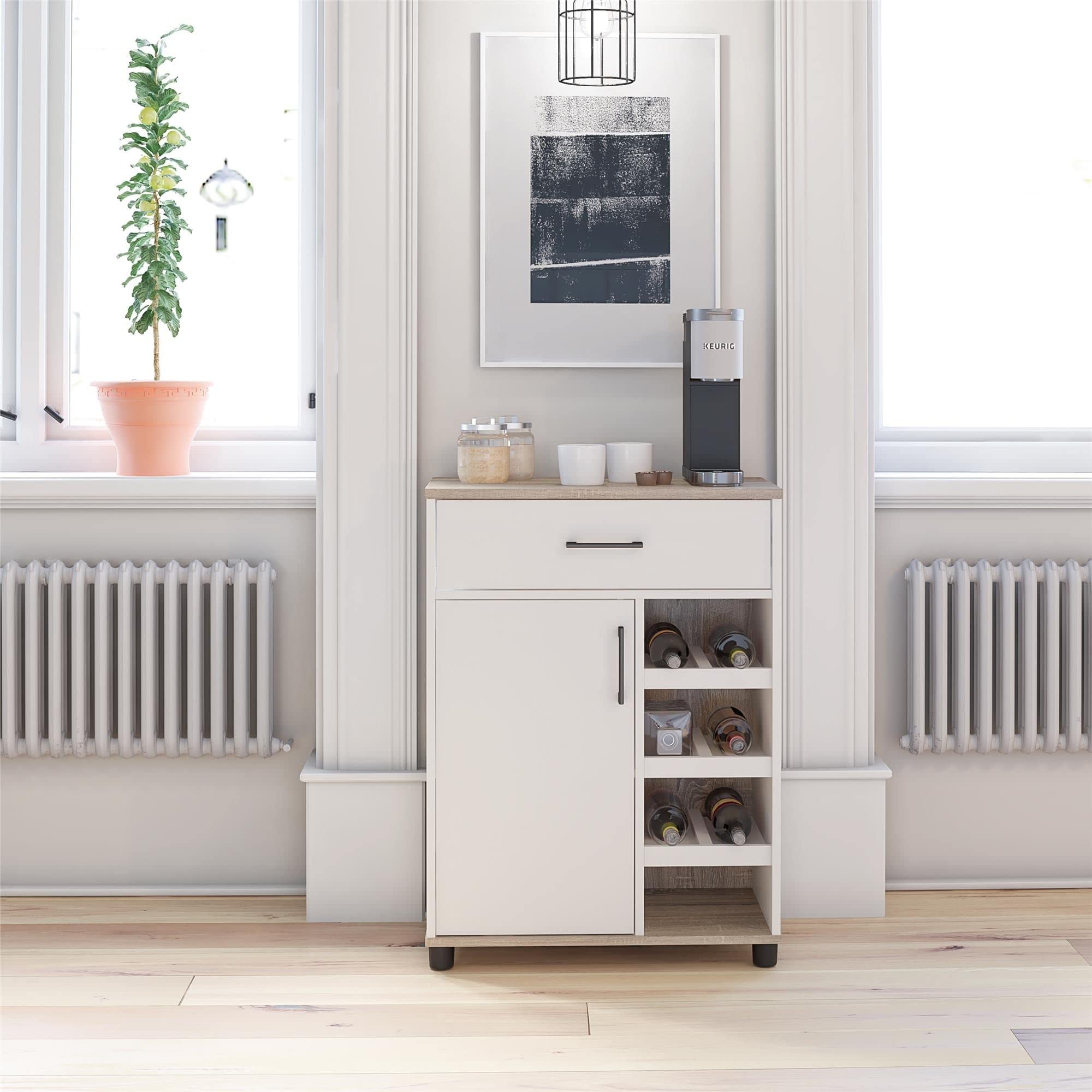 Modern White Farmhouse Bar Cabinet with Beverage Shelves - Contemporary Laminate MDF Storage for Wine, Liquor & Glassware - Perfect for Dining Room, Kitchen or Home Bar Decor
