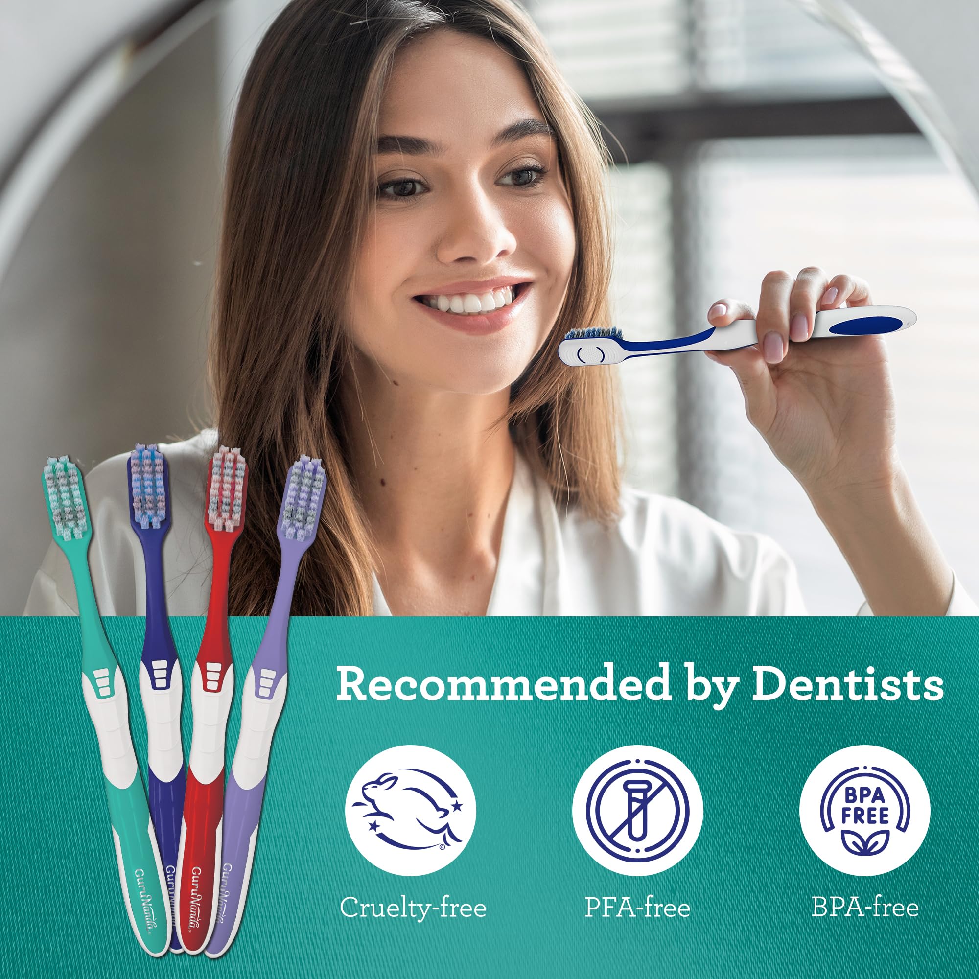 GuruNanda Gentle Giant Toothbrush with Dual Action Flossing Spiral Bristles - Ergonomic Non-Slip Grip for Effective Teeth Whitening - BPA Free (4 Pack) - Perfect for Travel, Home & Office Use