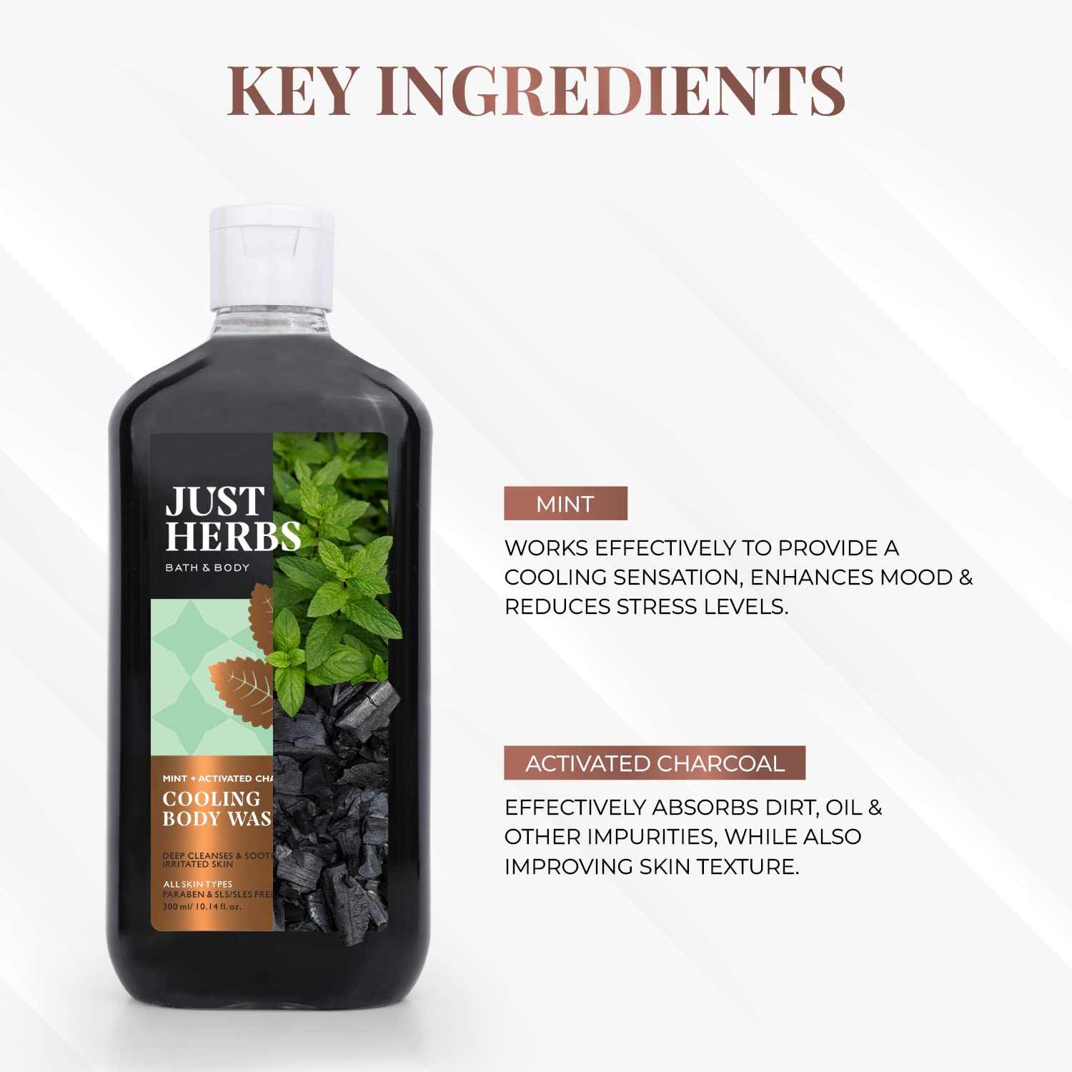 Just Herbs Deep Cleansing Cooling Body Wash with Mint & Activated Charcoal - 300ml Detoxifying Shower Gel for Men & Women - Refreshing for Post-Workout & Hot Summer Days