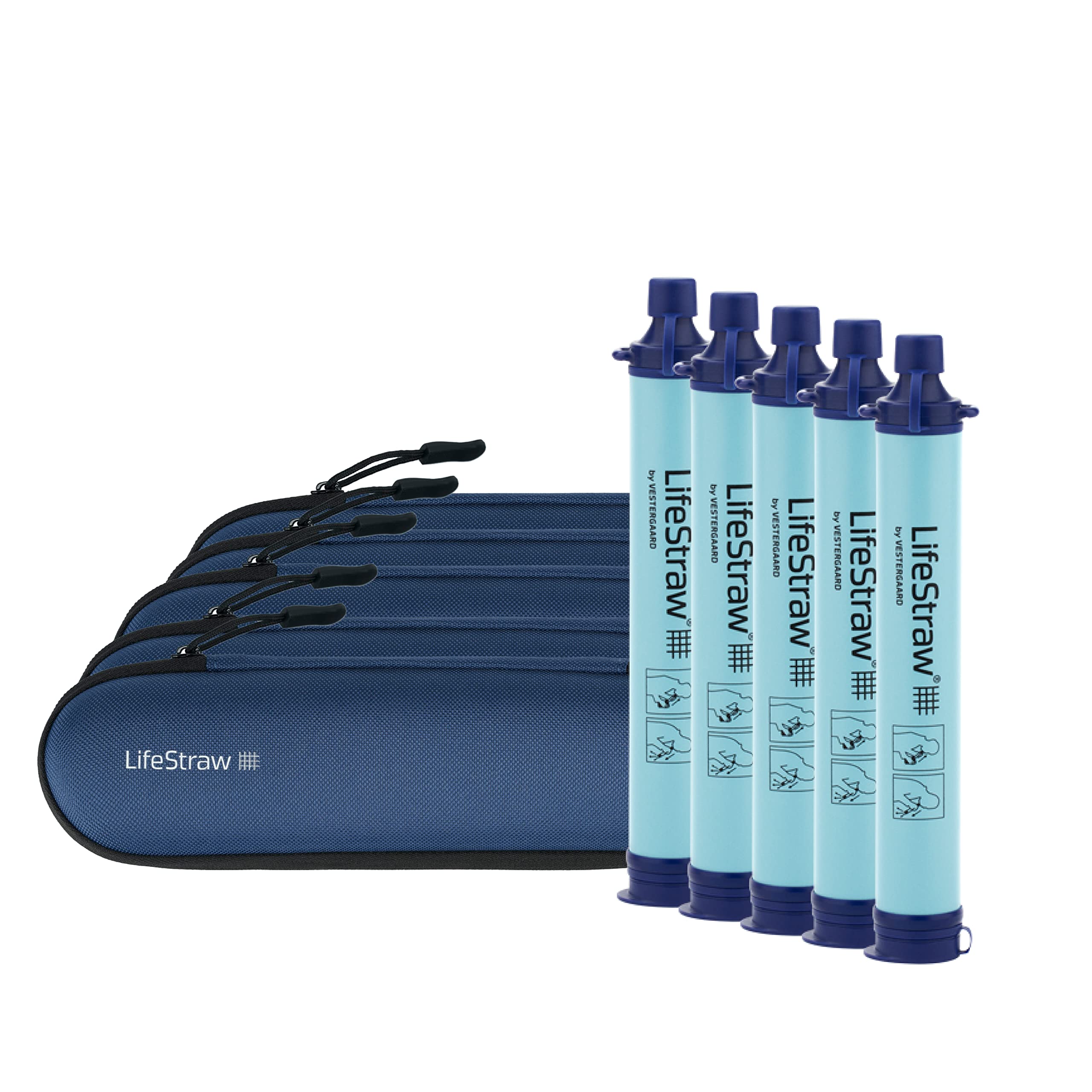 LifeStraw Blue Personal Water Filter with Carry Case - 5 Pack for Family, Hiking, Camping & Emergency - Portable Water Purifier for Outdoor Adventures, Travel & Survival Kits