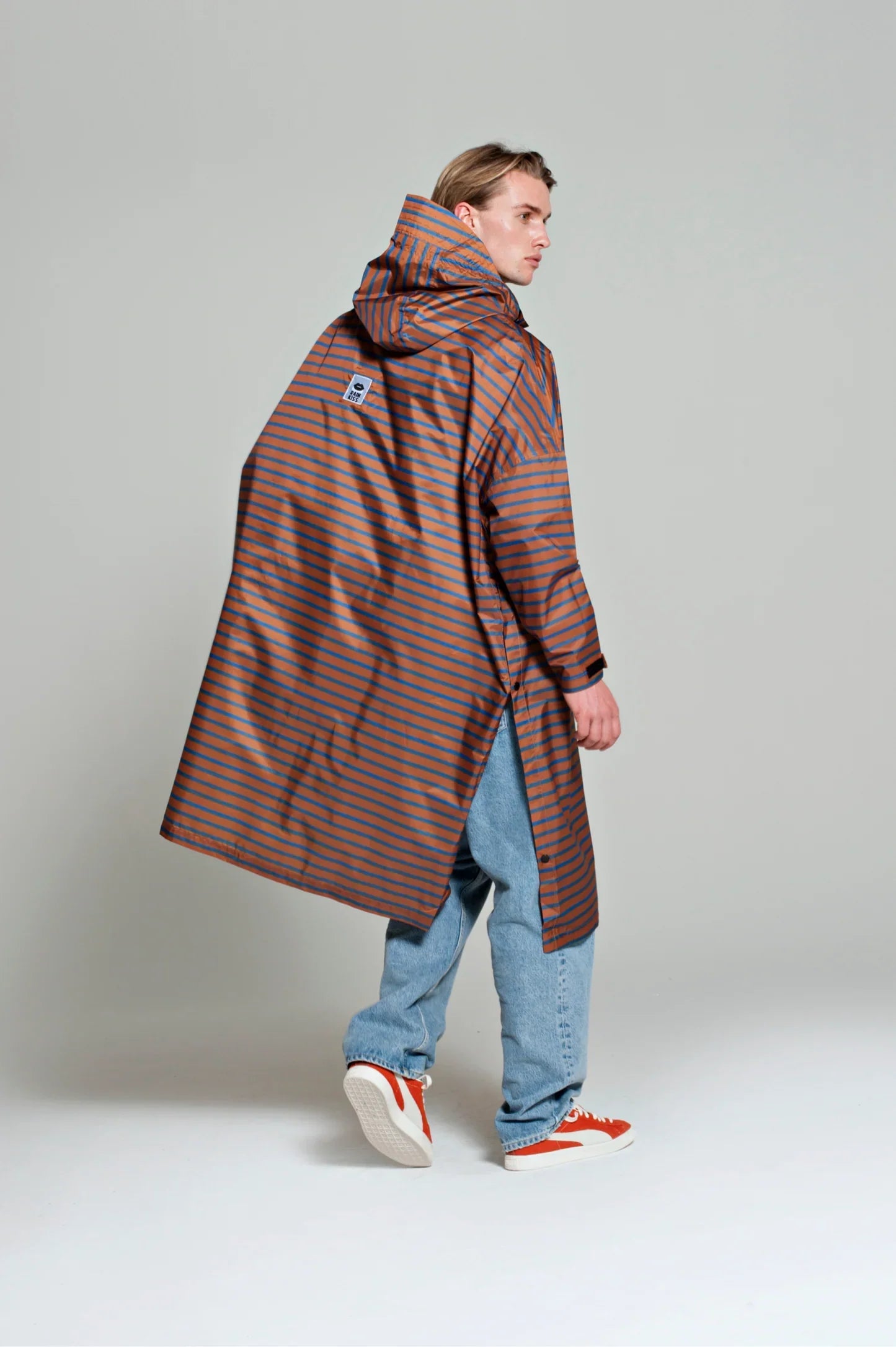 Breton Brown Blue Rain Poncho - Waterproof Lightweight Hooded Poncho for Outdoor Activities, Camping, Hiking & Travel