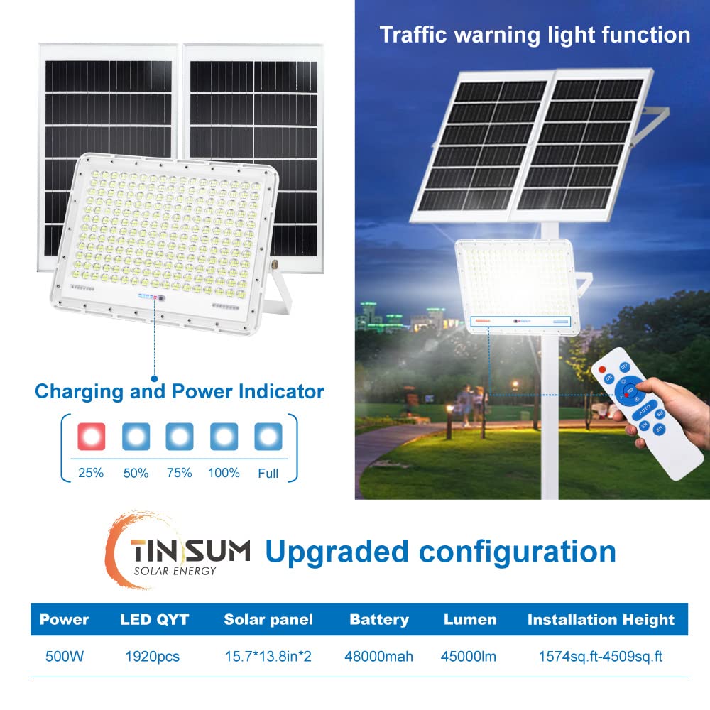 500W Solar LED Flood Lights Outdoor - 30000 Lumens Waterproof Security Street Lights with Remote Control | Dusk to Dawn Motion Sensor | Ideal for Parking Lots, Stadiums, Yards, Swimming Pools, Pathways & Flag Poles | Perfect for Home Security, Landscape Lighting & Commercial Areas