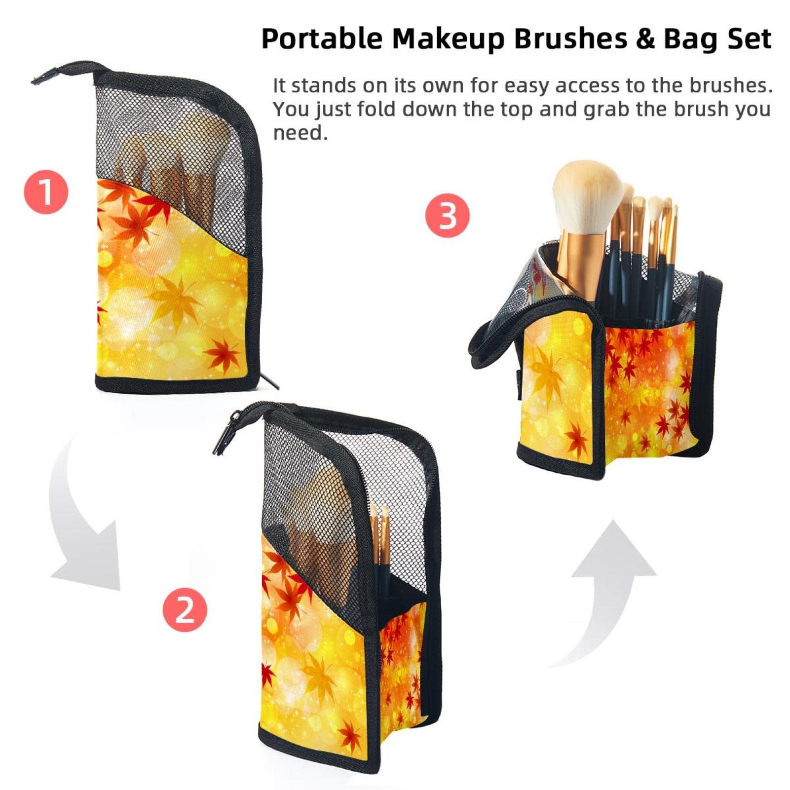 12-Piece Makeup Brush Organizer Bag with Autumn Leaves Design - Portable Cosmetic Brush Holder Case for Travel & Home Storage