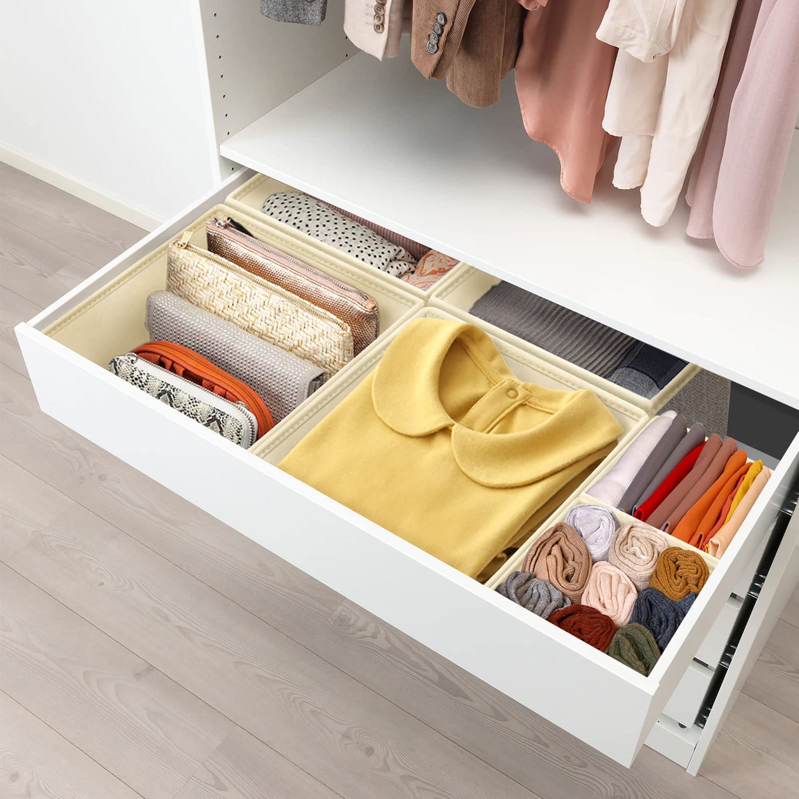 Criusia 6-Piece Foldable Underwear Drawer Organizer Set - Closet Dividers & Storage Bins for Clothes, Socks, Bras, Panties (Beige) | Perfect for Bedroom, Dresser & Closet Organization