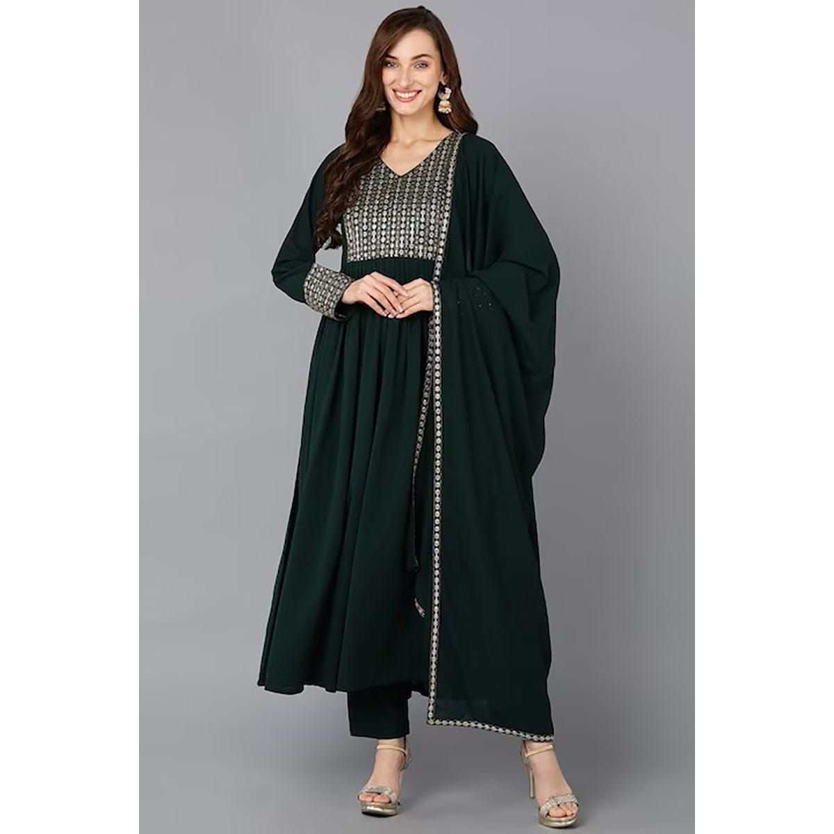 Elegant Green Georgette Solid Anarkali Suit Set for Women - Traditional Indian Party Wear for Weddings, Festivals & Special Occasions