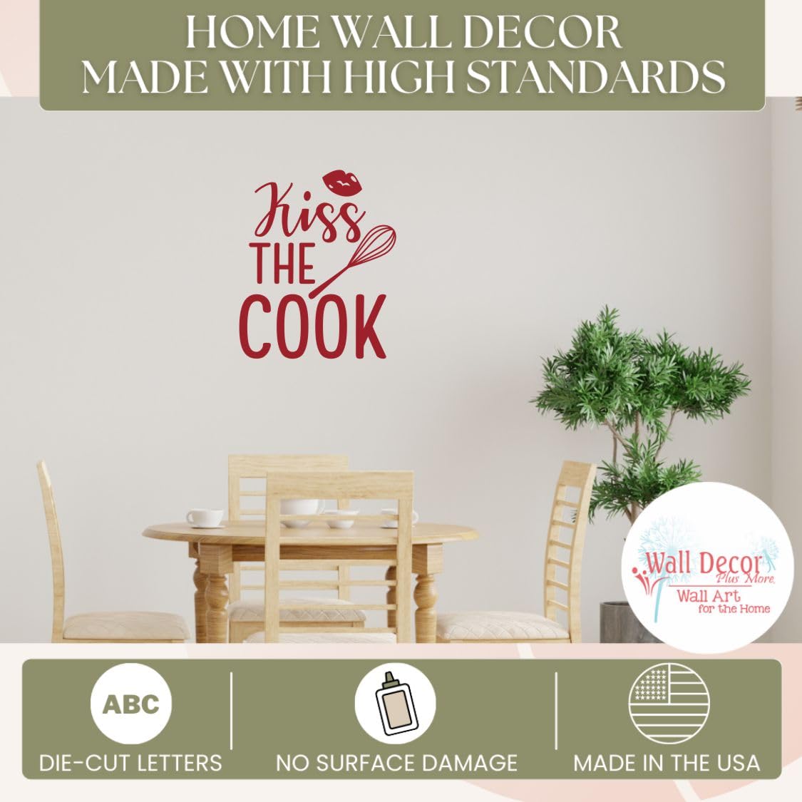 Kiss The Cook Vinyl Wall Decal - 19”x23” Matte Red Kitchen Quote Decoration - Die-Cut Inspirational Saying for Dining Room & Home Decor - Perfect for Farmhouse Style Kitchens & Restaurant Walls