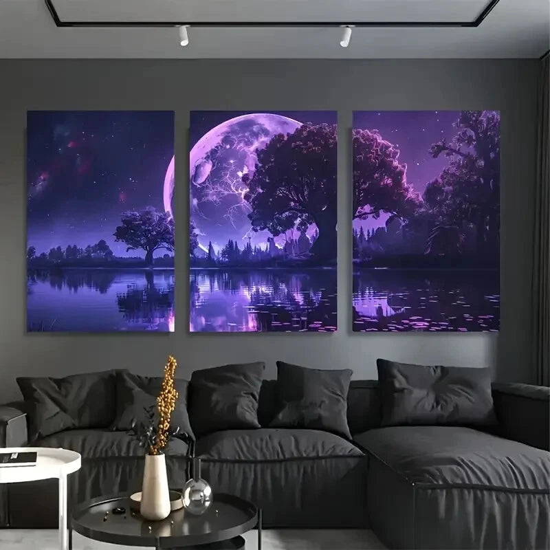 3-Piece Large Purple Moon Modern Metal Wall Art Prints - Ready to Hang Home Decor for Living Room, Bedroom & Office