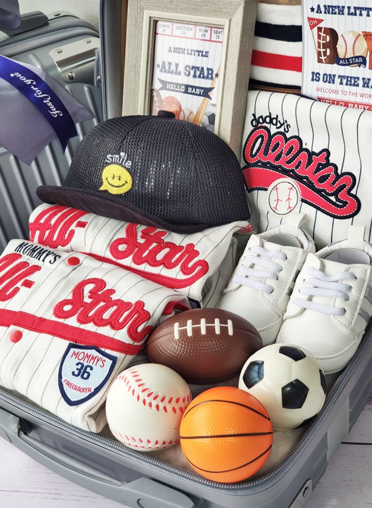 Premium Blue Sports-Themed Baby Shower Gift Set - Newborn Essentials Basket with Soft Blanket, Cute Outfits, Sponge Balls & Photo Frame in Elegant Gift Box | Perfect Baby Shower, Welcome Newborn & Birthday Present for Boys & Girls | Ideal for Nursery Decor, First Photos & Special Celebrations
