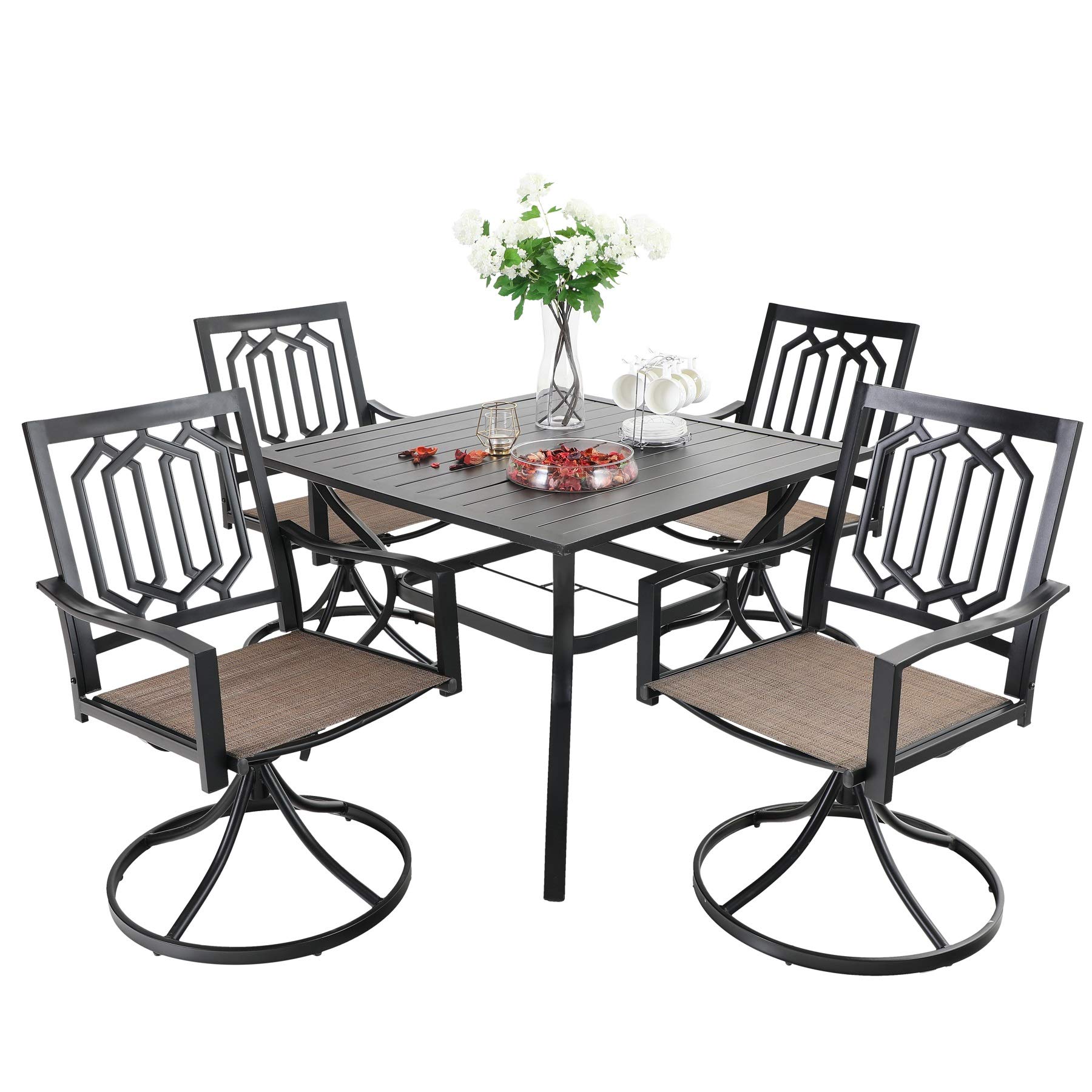 MFSTUDIO 5-Piece Outdoor Patio Dining Set - Square Black Metal Table with 4 Textilene Fabric Chairs - Weather-Resistant Garden Furniture with Umbrella Hole - Perfect for Backyard, Poolside, Porch & Outdoor Entertaining