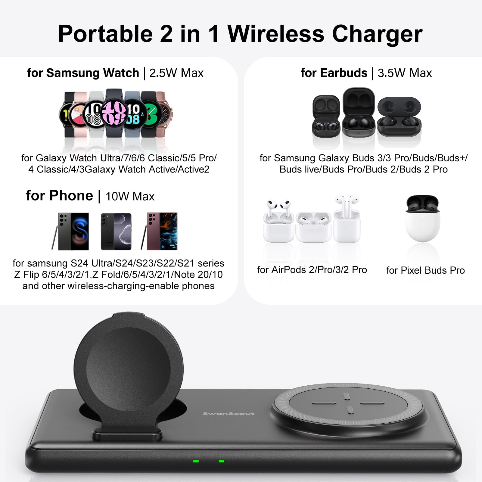 2-in-1 Wireless Charging Station for Samsung S25 Ultra/S25+/S25/Fold 6/Flip 6 & Galaxy Watch Ultra/7/6/5/4/3 & Buds 3/3 Pro - Fast Qi-Certified Charger Pad (No Adapter Included) | Perfect for Home, Office & Travel Use