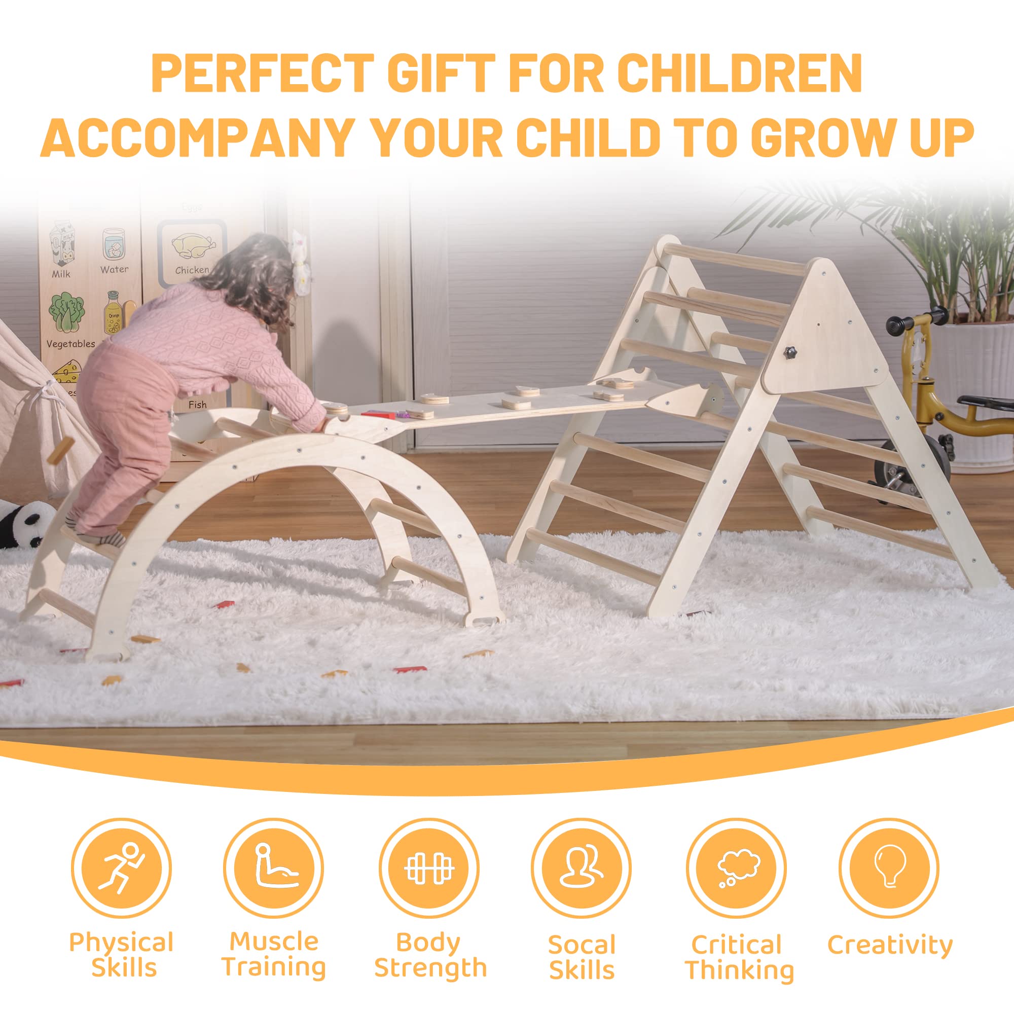 Foldable 5-in-1 Pikler Triangle Set with Arch, Ramp & Climbing Triangle - Montessori Wooden Climbing Toy for Toddlers Ages 2-6 - Indoor Play Gym for Kids - Natural Wood - Perfect for Home Playrooms, Daycares & Montessori Classrooms