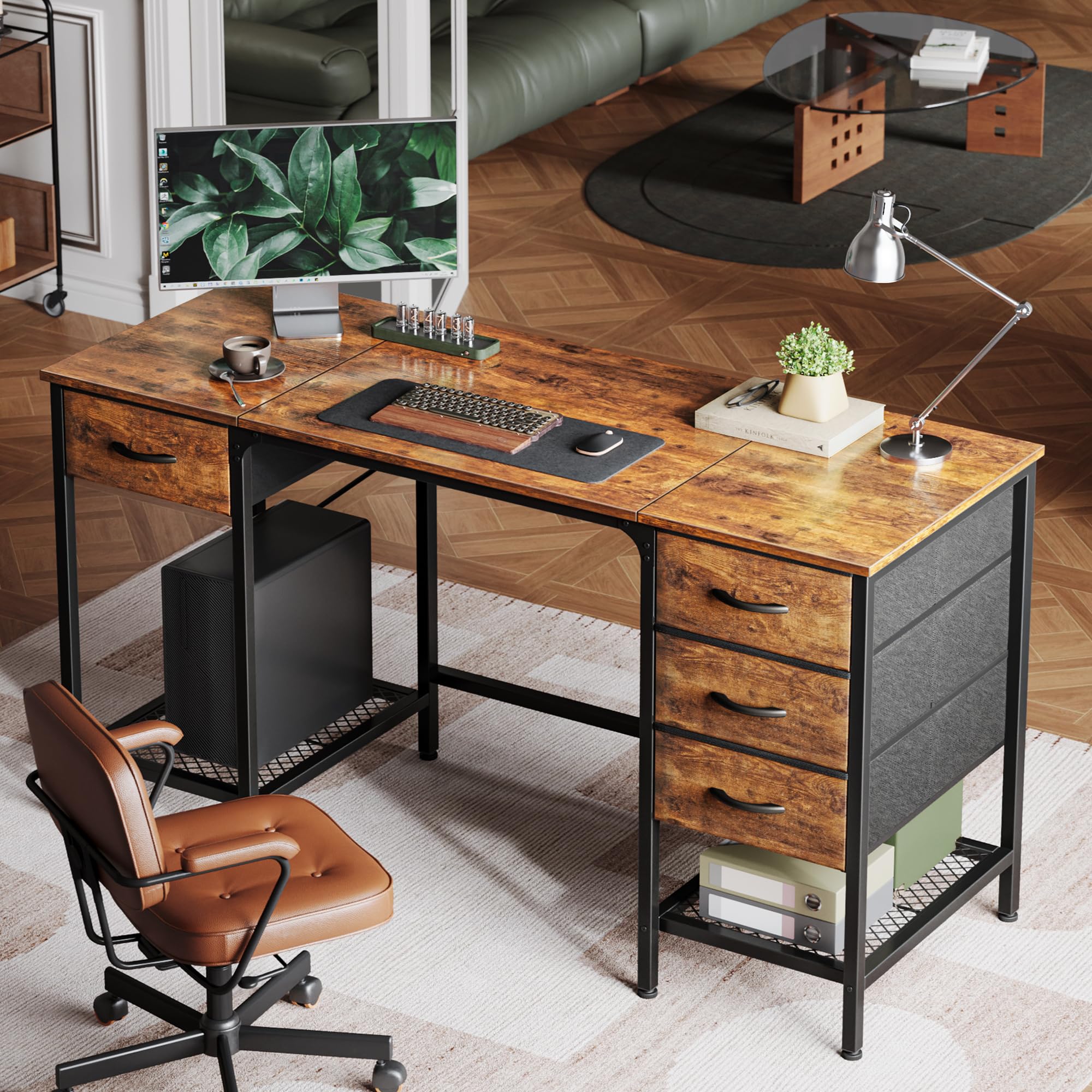 Huuger 55 Inch Computer Desk with 4 Drawers & Mesh Shelf - Large Rustic Brown Office Desk for Home, Gaming, Study & Work from Home - Perfect for Small Spaces & Bedroom Workspaces