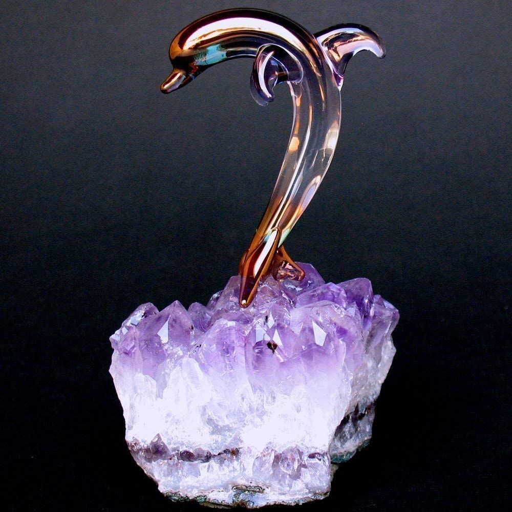 Hand Blown Glass Dolphin Figurine on Amethyst Crystal Base - Elegant Home Decor, Office Desk Ornament & Unique Gift for Ocean Lovers