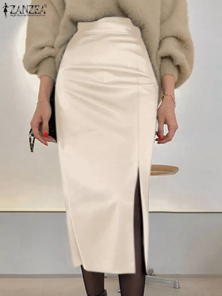 ZANZEA Women's PU Leather High Waist Bodycon Midi Skirt with Side Slit - Elegant Slim Fit Sheath Pencil Skirt for Office, Party & Date Night (2023 Fall Collection)