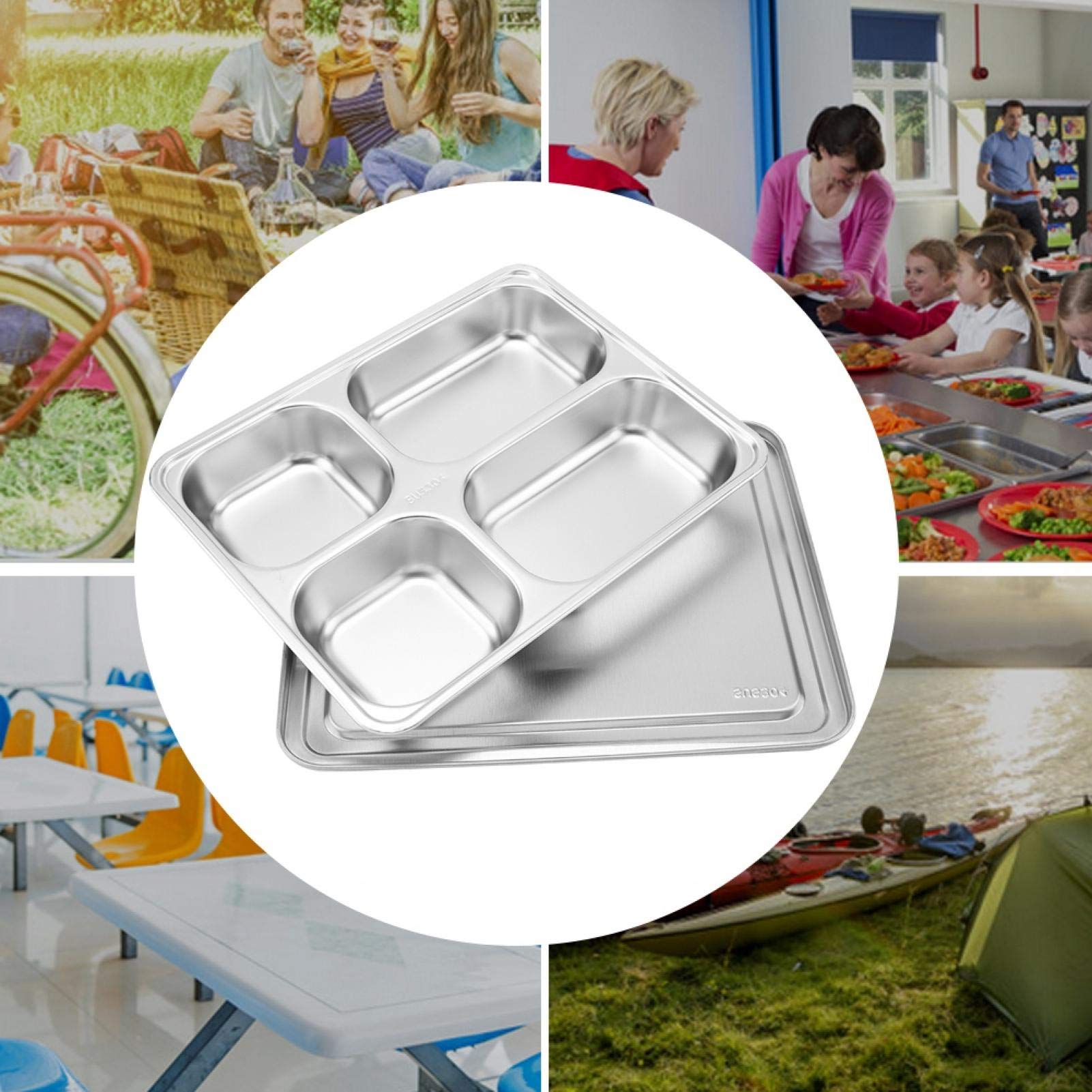 Raguso 304 Stainless Steel Divided Plates with Lid - 4-Pack Rectangular Food Serving Trays for School, Home, Camping & Picnics | Durable Lunch Box & Canteen Tray for Meal Prep, Portion Control & Outdoor Dining