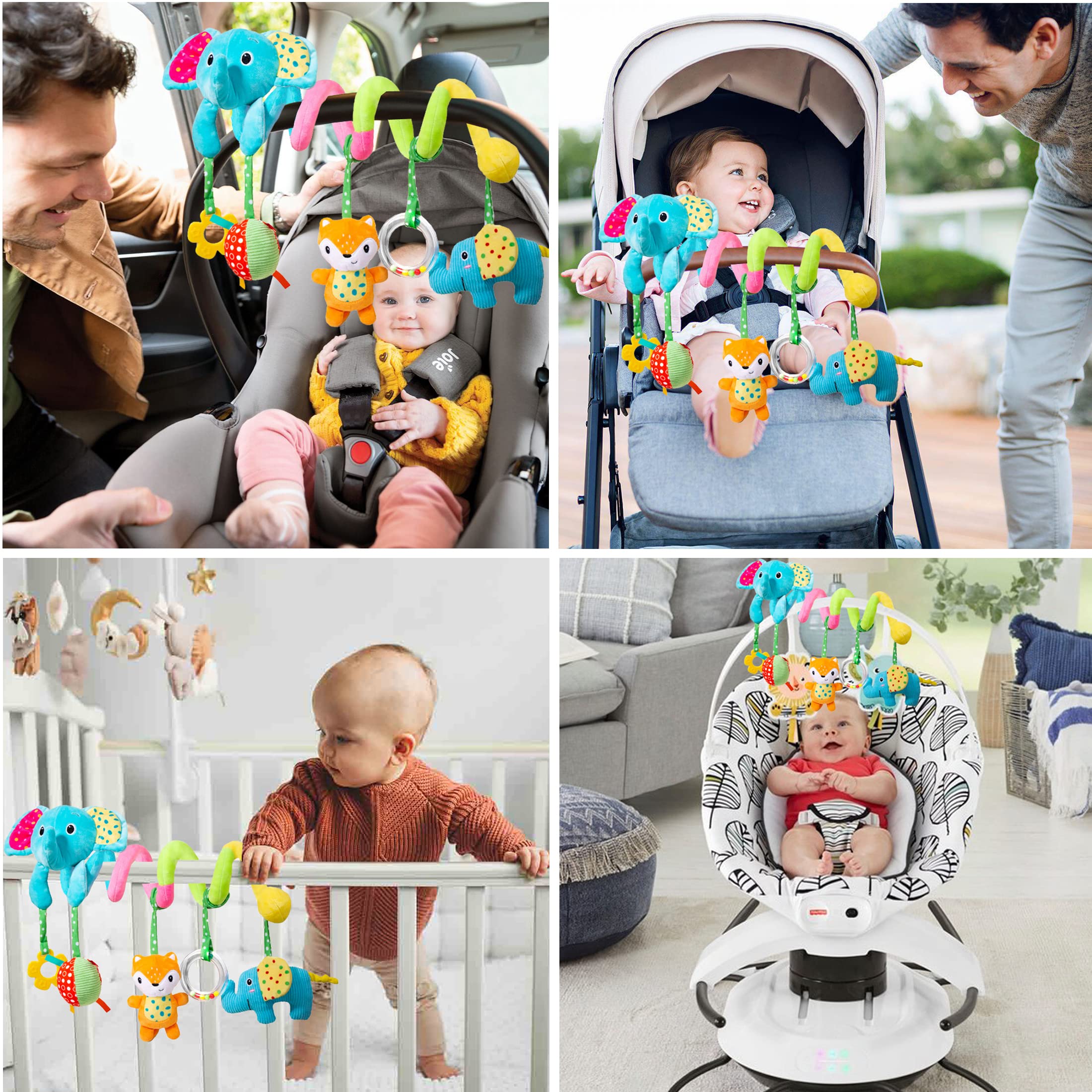 Soft Spiral Hanging Toys for Car Seat & Stroller - Plush Baby Toys with Squeaker & Rattle for 0-12 Months | Crib, Bassinet & Mobile Decor | Perfect for Newborns & Infants During Travel & Playtime