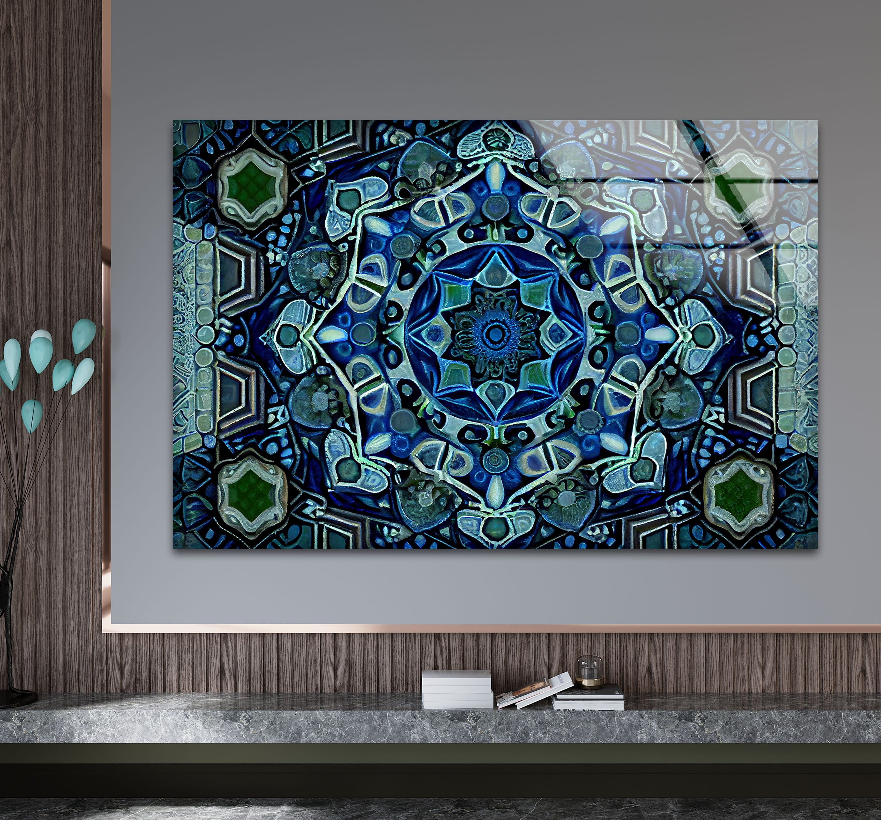 Blue Mandala Glass Wall Art – Handcrafted Intricate Geometric Design for Modern Home & Office Decor | Meditation Room, Yoga Studio & Spiritual Space Decor