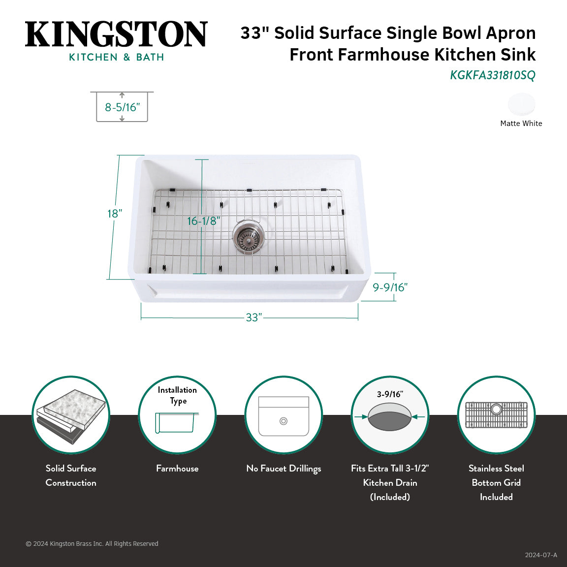 33 Inch White Farmhouse Kitchen Sink - Matte Solid Surface Apron Front Single Bowl with Strainer & Grid | Perfect for Rustic & Modern Kitchens, DIY Home Renovation & Country Style Decor